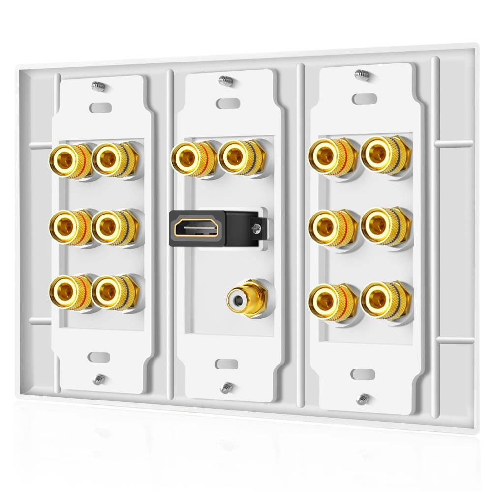 Home Theater Speaker Wall Plate Outlet 7.1 Surround Sound Audio Distribution Panel, Gold Plated Copper Banana Plug Binding Post Coupler, RCA LFE Jack for Subwoofer, HDMI 4K ARC/eARC Full HD (3-Gang)