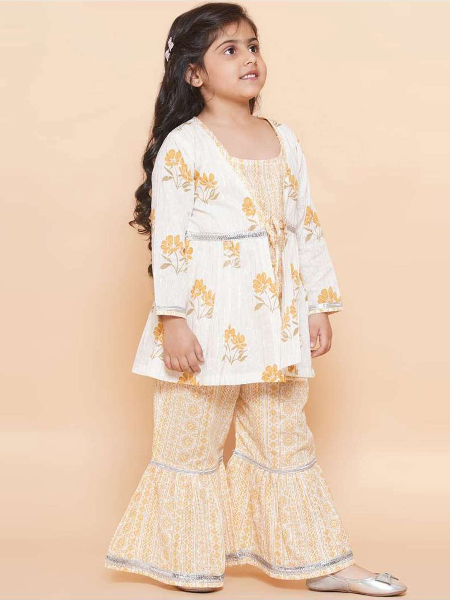 AJ Dezines Kids Yellow & White Cotton Printed Kurta Set