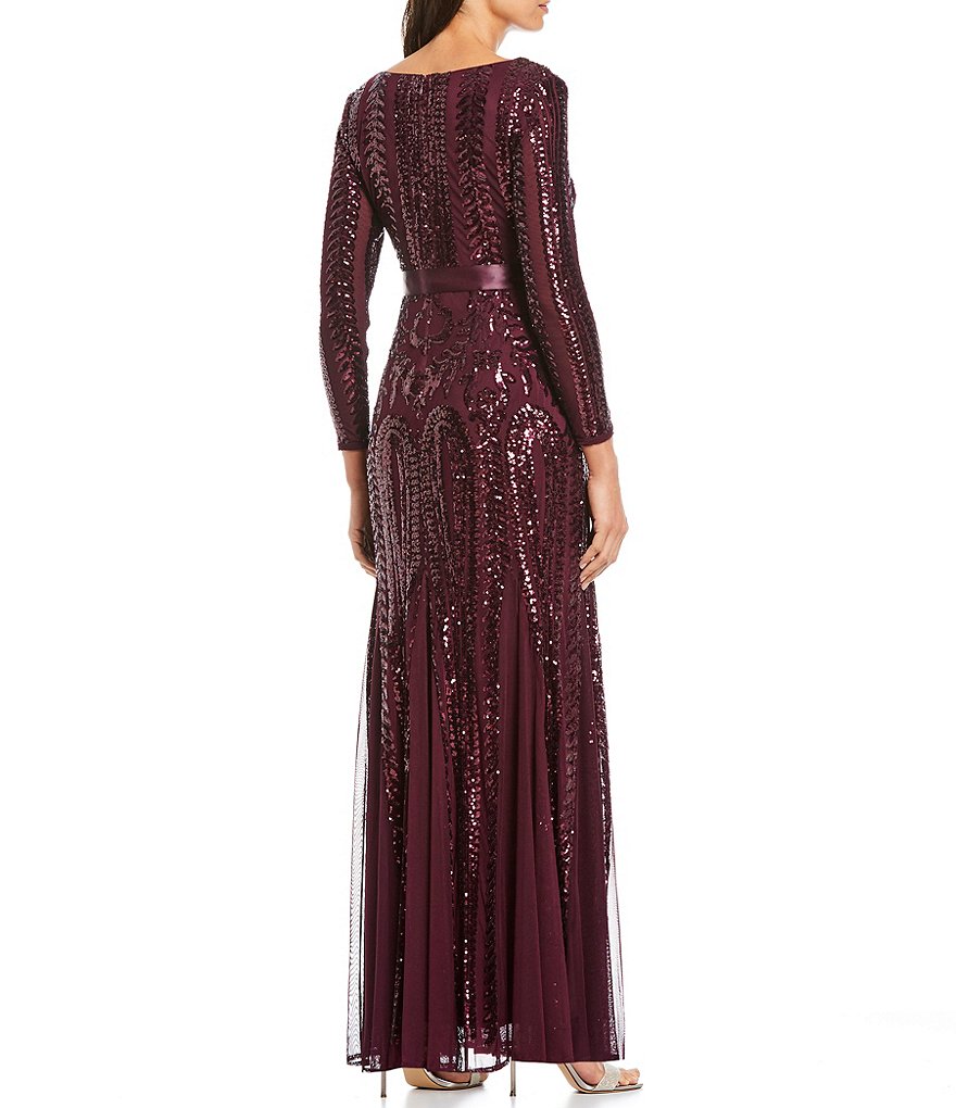 R & M Richards Petite Size Sweetheart Neck Sequin Embroidered Mesh Long Sleeve Gown
