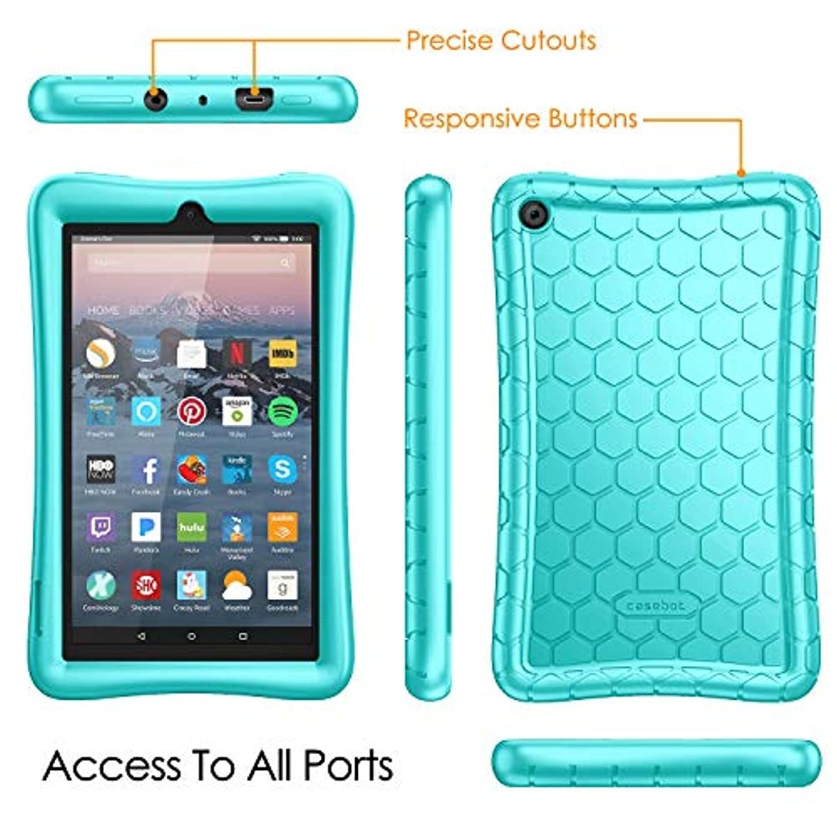 Fintie Silicone Case for All-New Amazon Fire 7 Tablet (9th Generation, 2019 Release) - [Honey Comb Series] [Kids Friendly] Light Weight [Anti Slip] Shock Proof Protective Cover, Turquoise