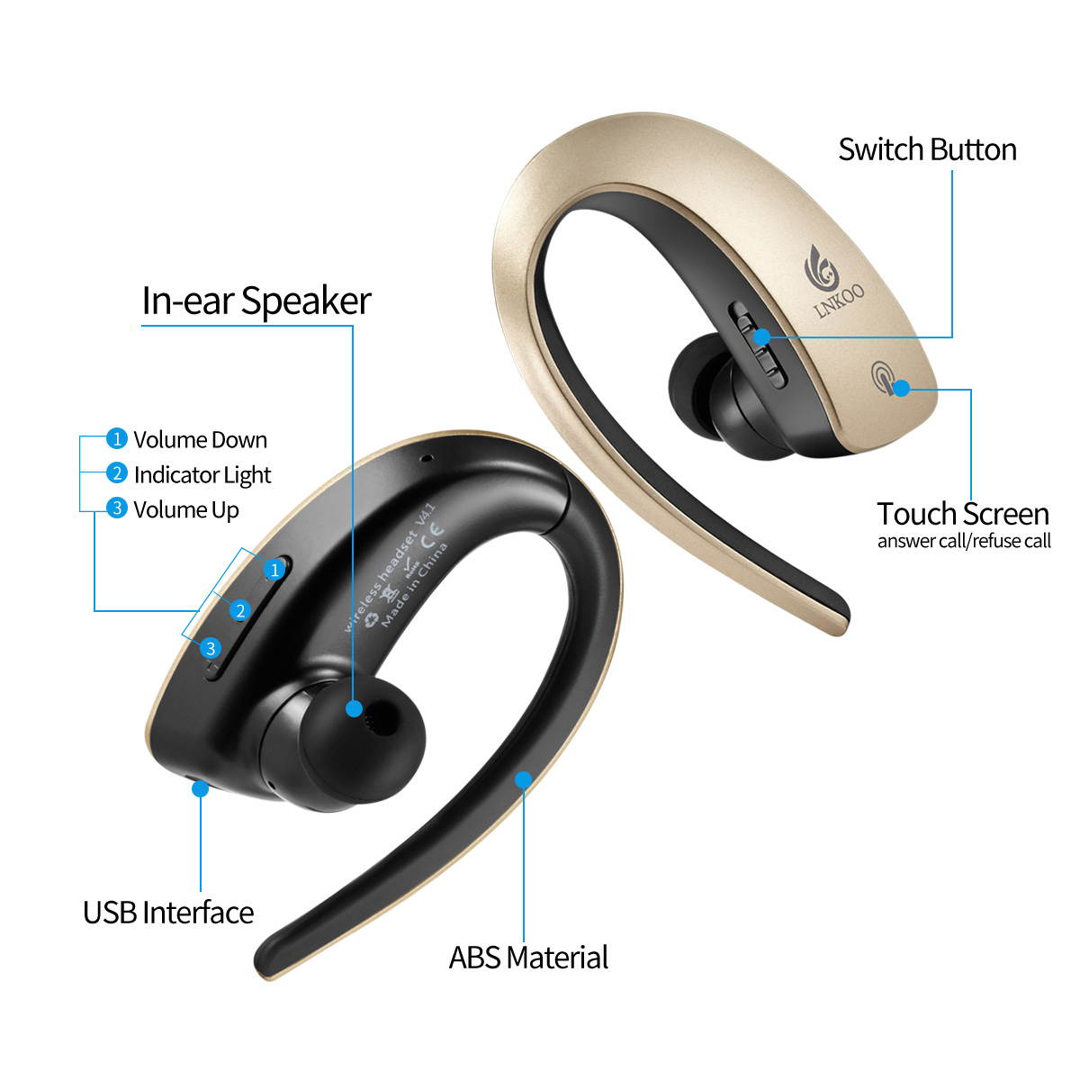 LNKOO Bluetooth Wireless Stereo In Ear Headset Earbuds With Mic - Hands-Free, Touch Sensitive Controls Headphones- Noise Isolation Technology - Silver