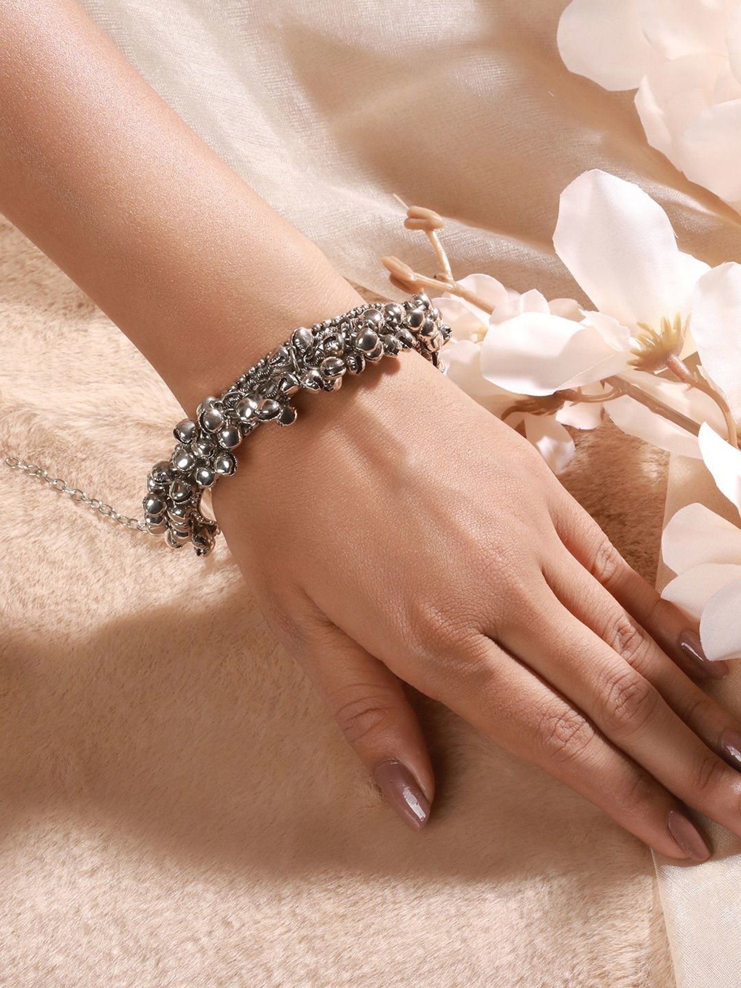 Aatmana Silver-Plated Ghungroo Beaded Oxidized Handcrafted Bangle Style Bracelet