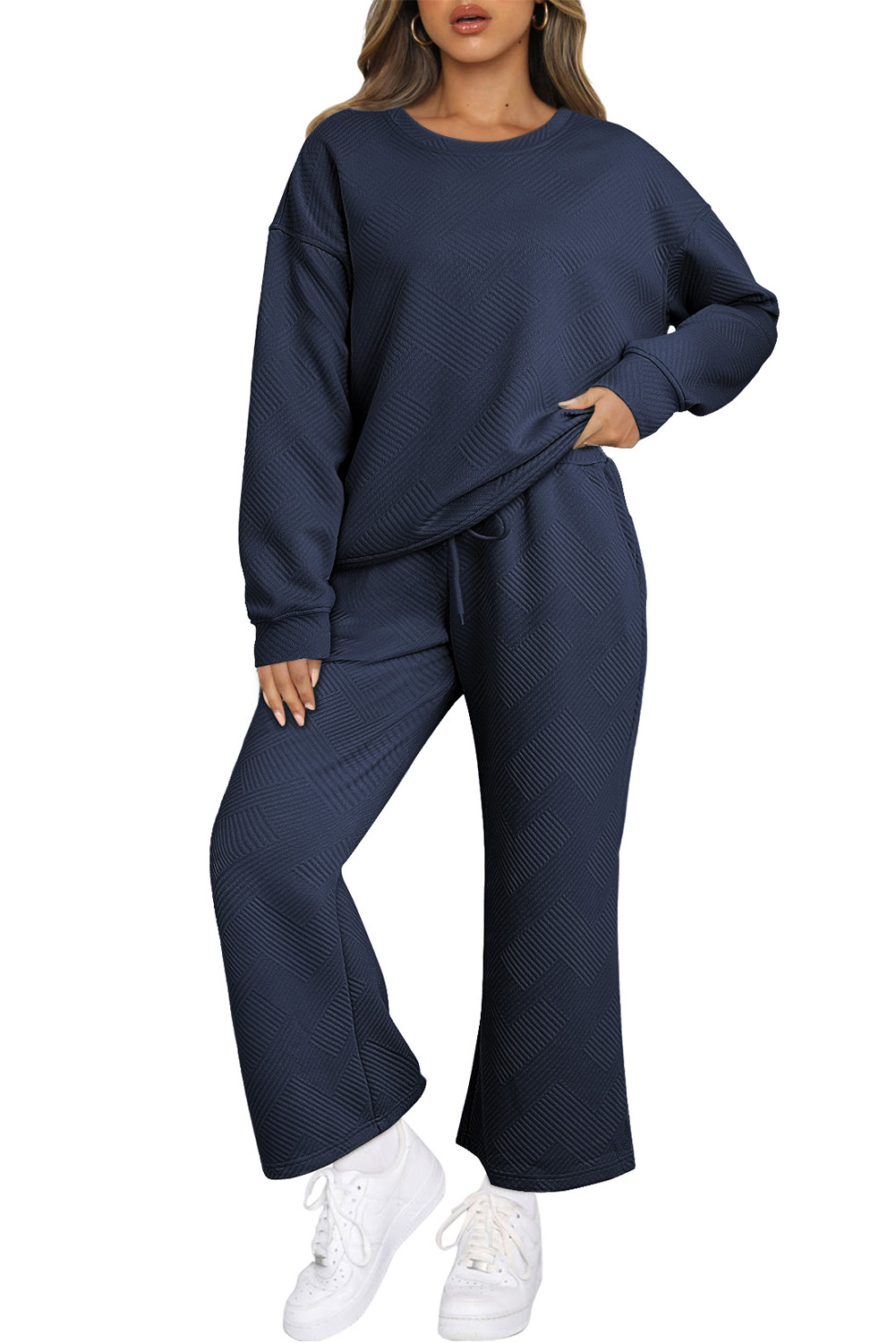 Navy Blue Textured Loose Slouchy Long Sleeve Top and Pants Set