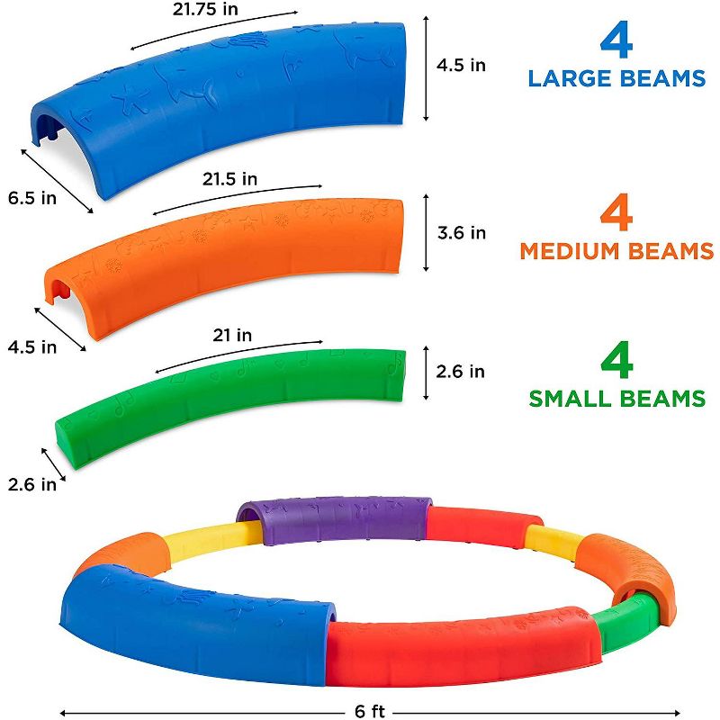 Sunny & Fun 12pc Balance Beam for Kids | Gymnastics Obstacle Course Stepping Boards w/Various Heights and Rubber Non-Slip Surface | Indoor & Outdoor Toy Improves Coordination & Strength | Max 220 Lbs