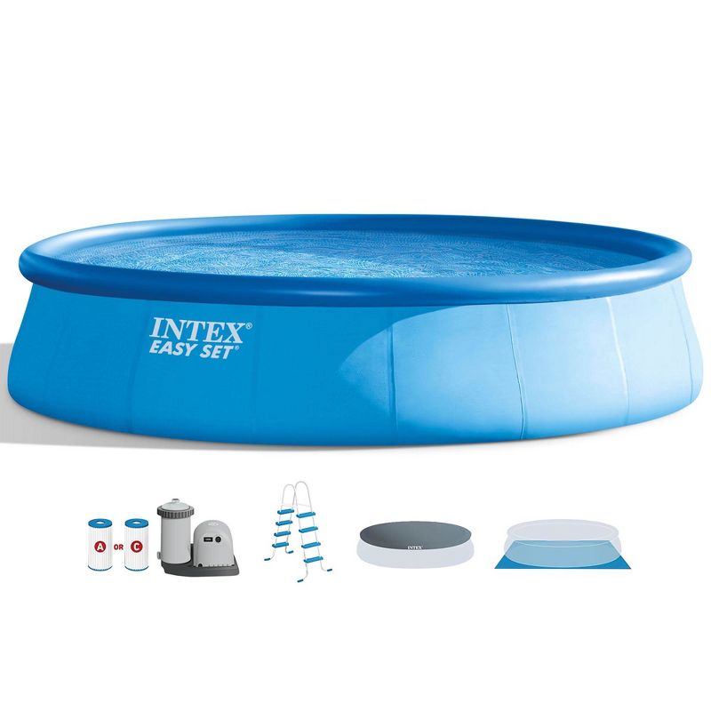 Intex 26175EH 18Ft x 48In Inflatable Easy Set Up Round Above Ground Pool Bundle w/ Cover, Ladder, Filter, and Pool Care 3-Inch Chlorine Tablets, 5 Lbs