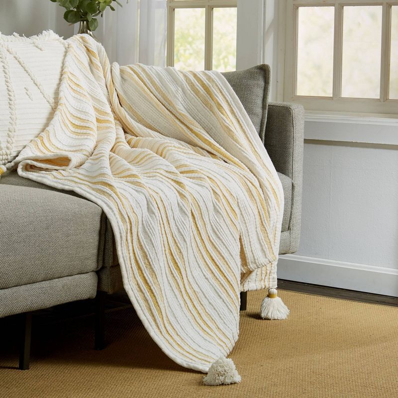 50"x60" Woven Striped Throw Blanket with Corner Tassels Yellow - Patina Vie
