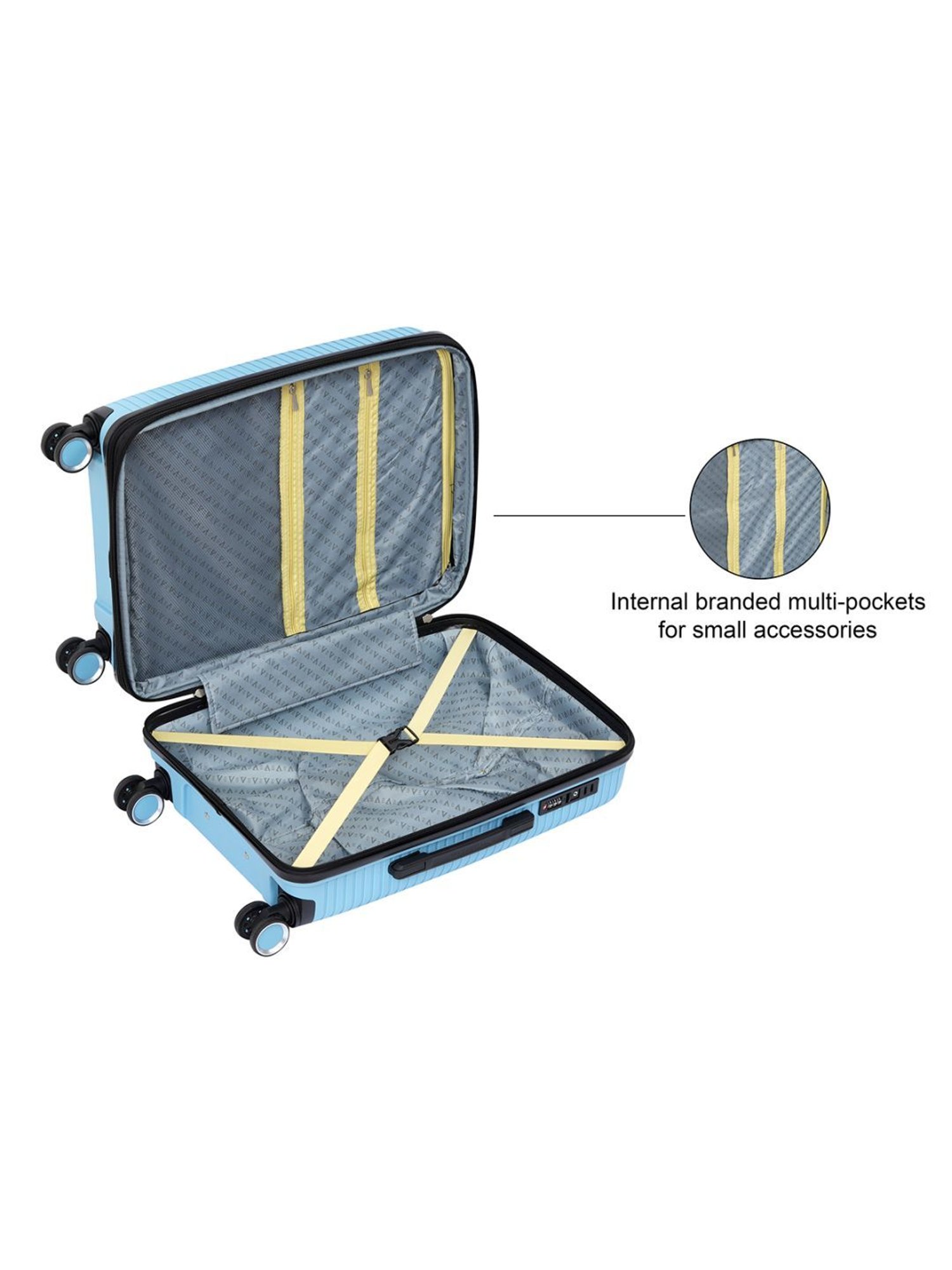 The Vertical Stellar Blue Wheels 8 Medium Hard Cabin Trolley Bag
