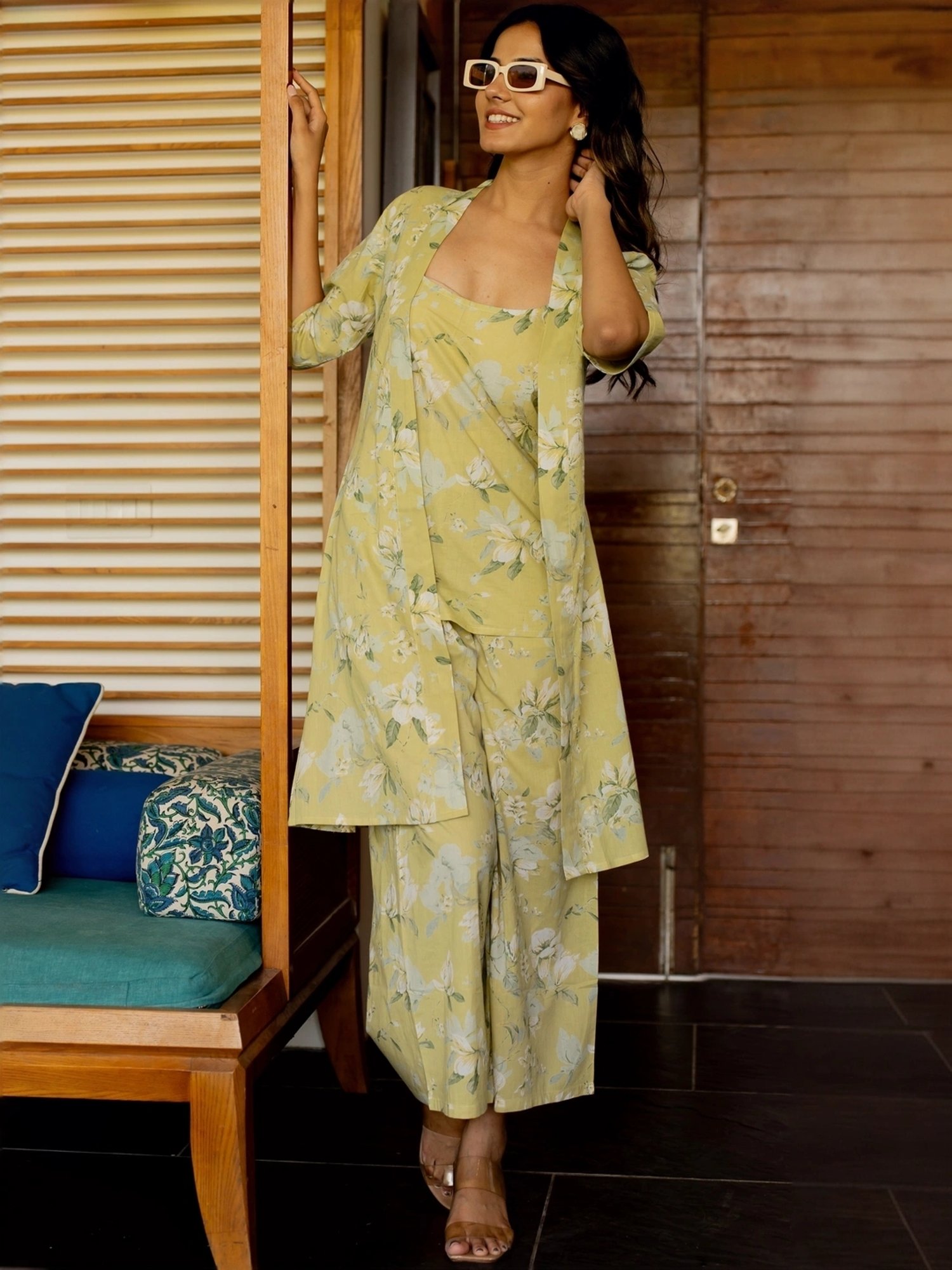 MIRCHI FASHION Yellow Cotton Printed Top Palazzo Set With Shrug