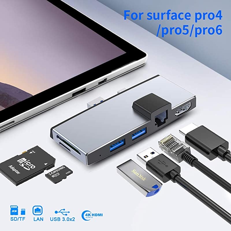 USB 30 Surface Pro 4 Pro 5 Pro 6 Hub Docking Station 6 in 1 Converter Adaptor with 100Mbps Ethernet Port4K HDMI 2 USB 30 PortsSDTF Card Surface Pro Adapter for Surface Pro 654
