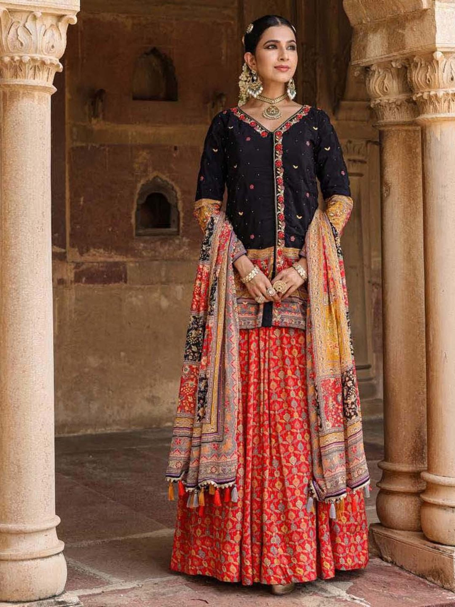 SCAKHI Black & Orange Printed Lehenga Choli Set With Dupatta