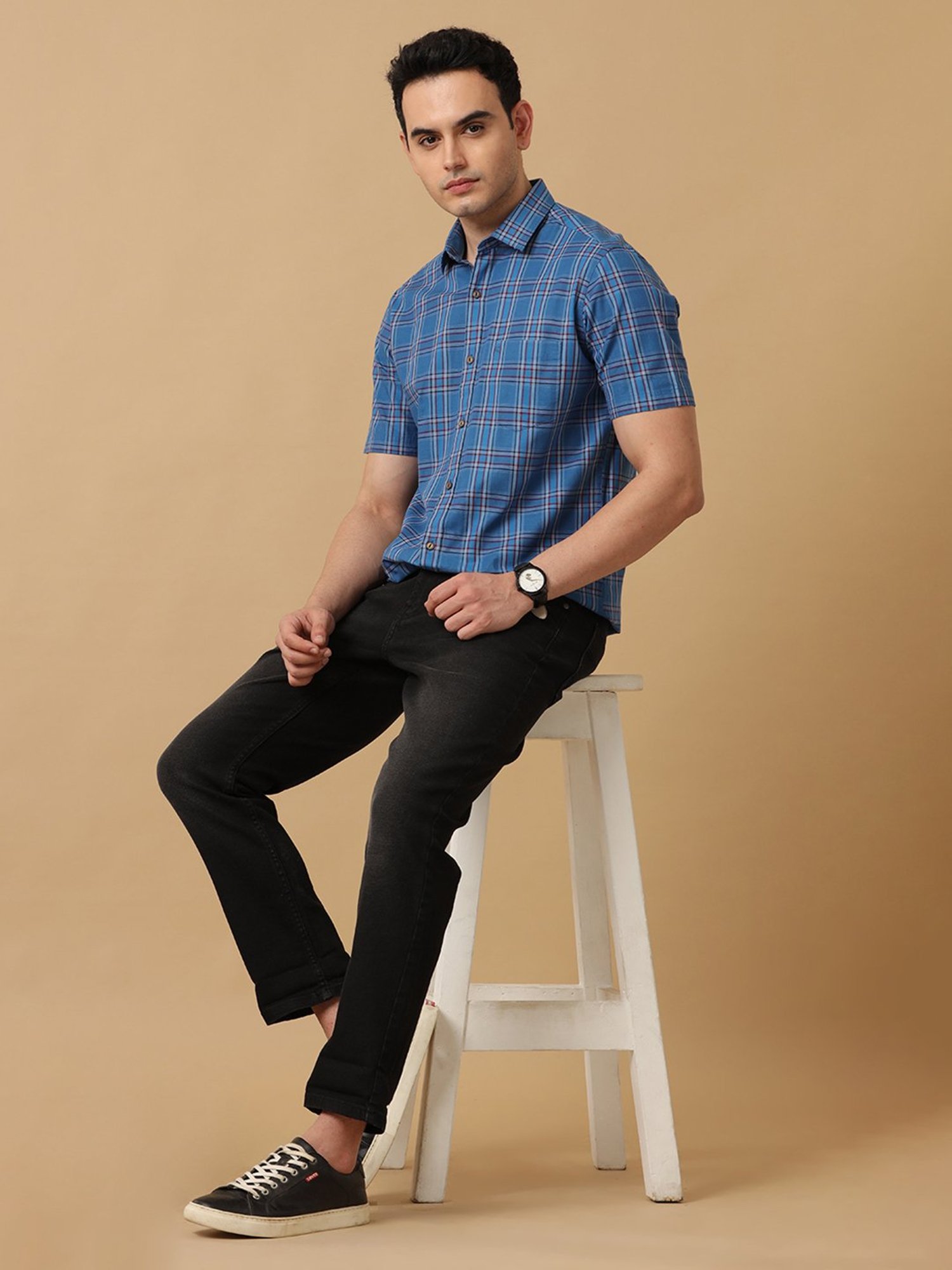 CAVALLO by Linen Club Blue Contemporary Fit Check Shirt