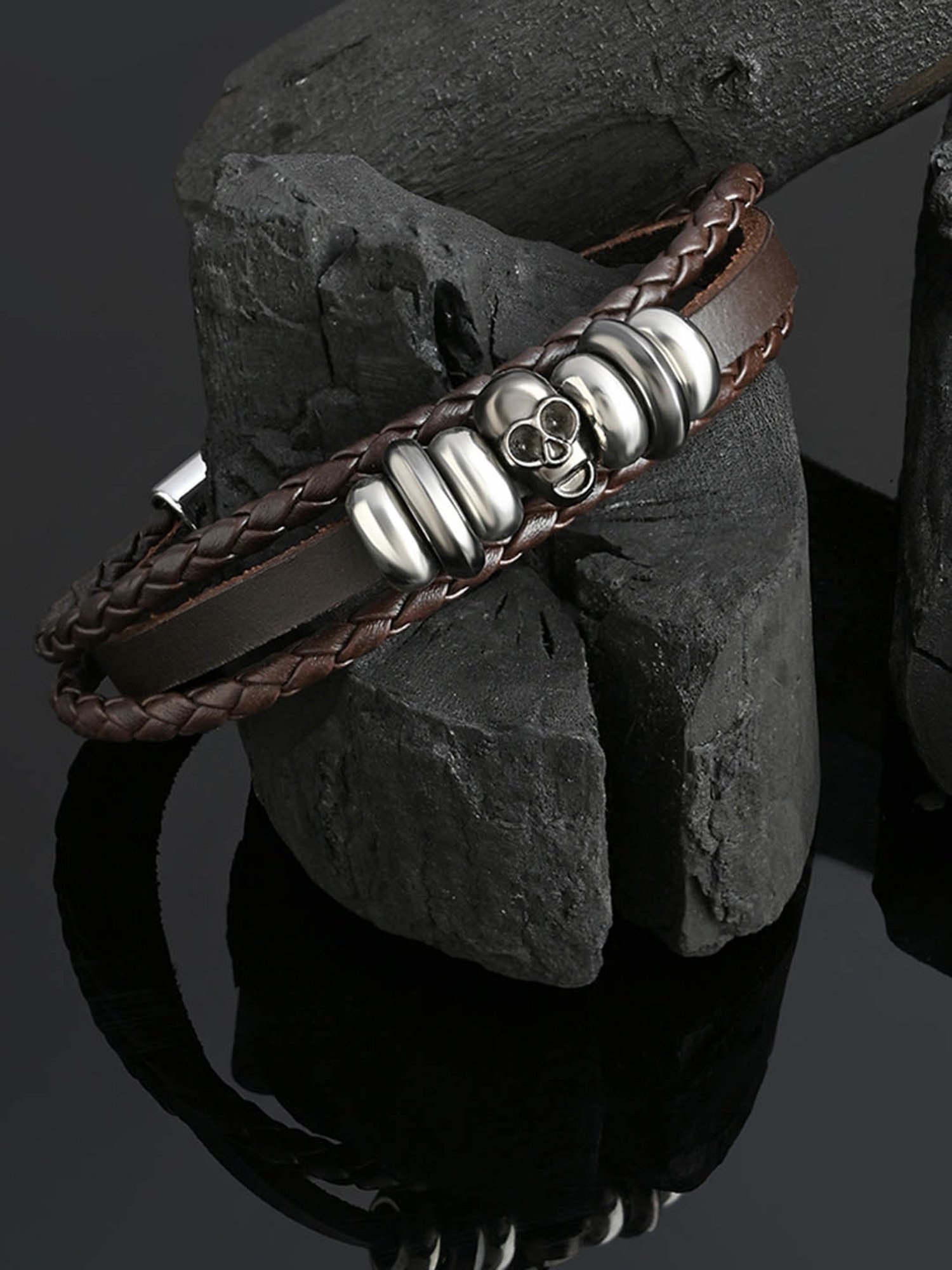 The Bro Code Brown Skull Single Faux Leather Bracelet for Men