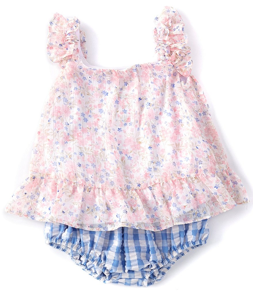 Bonnie Jean Baby Girls Newborn-9 Months Flutter-Sleeve Chiffon Floral Top & Gingham Bloomer Set