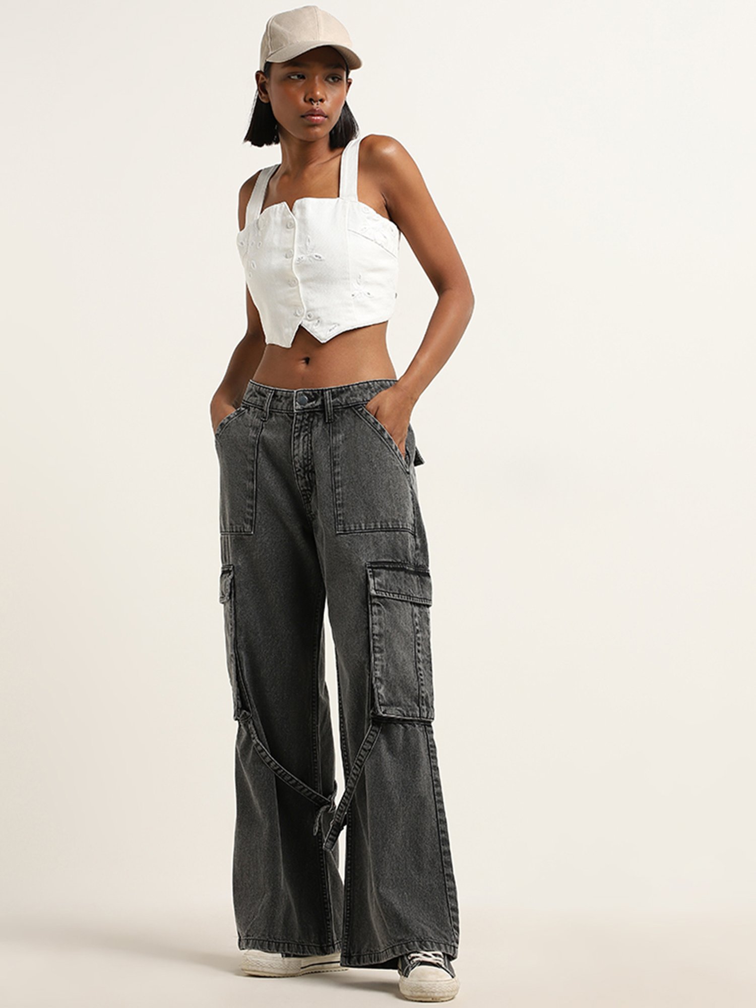 Nuon by Westside White Floral Embroidered Denim Top