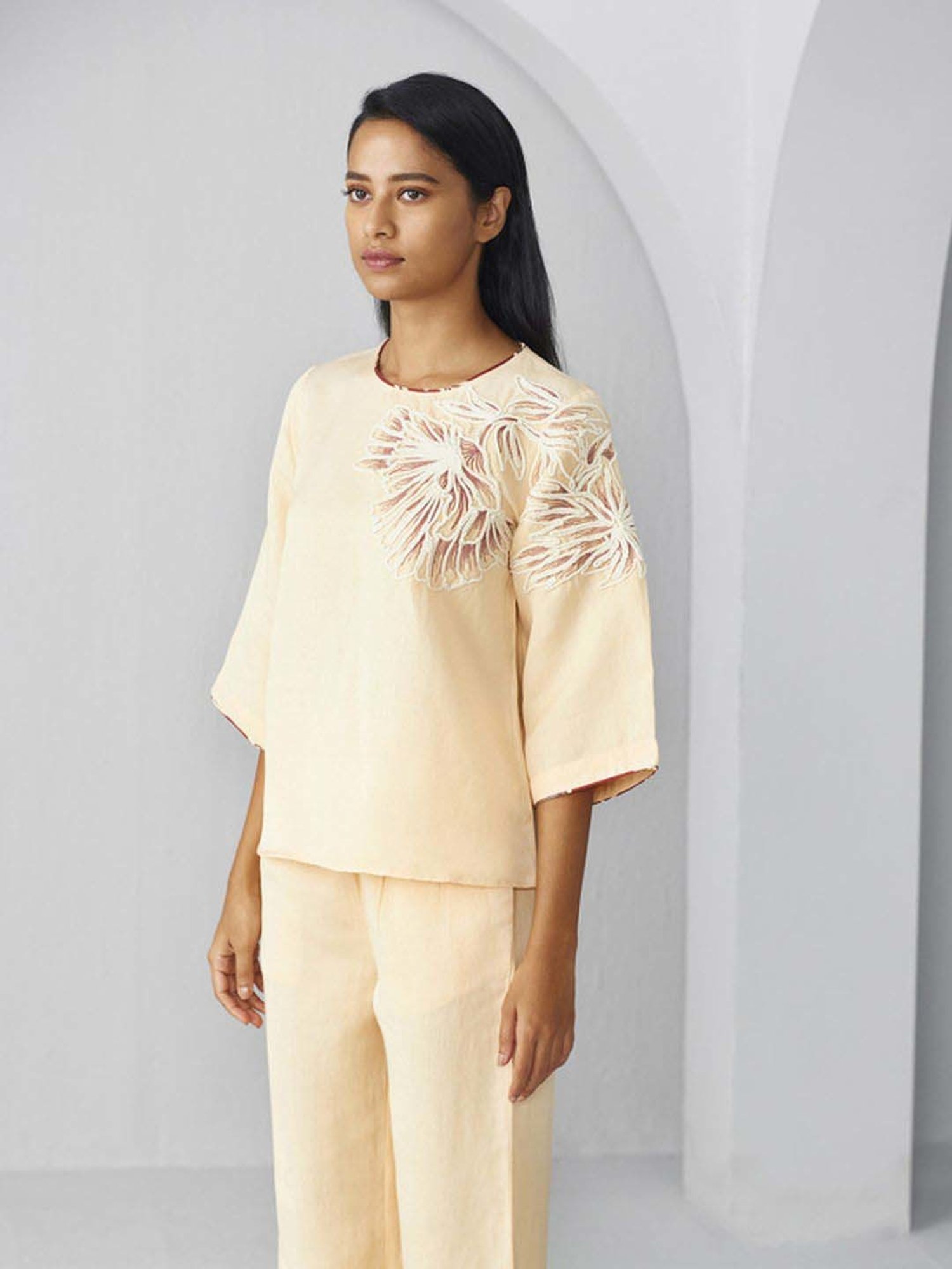 Ancestry Light Beige Embroidered Top