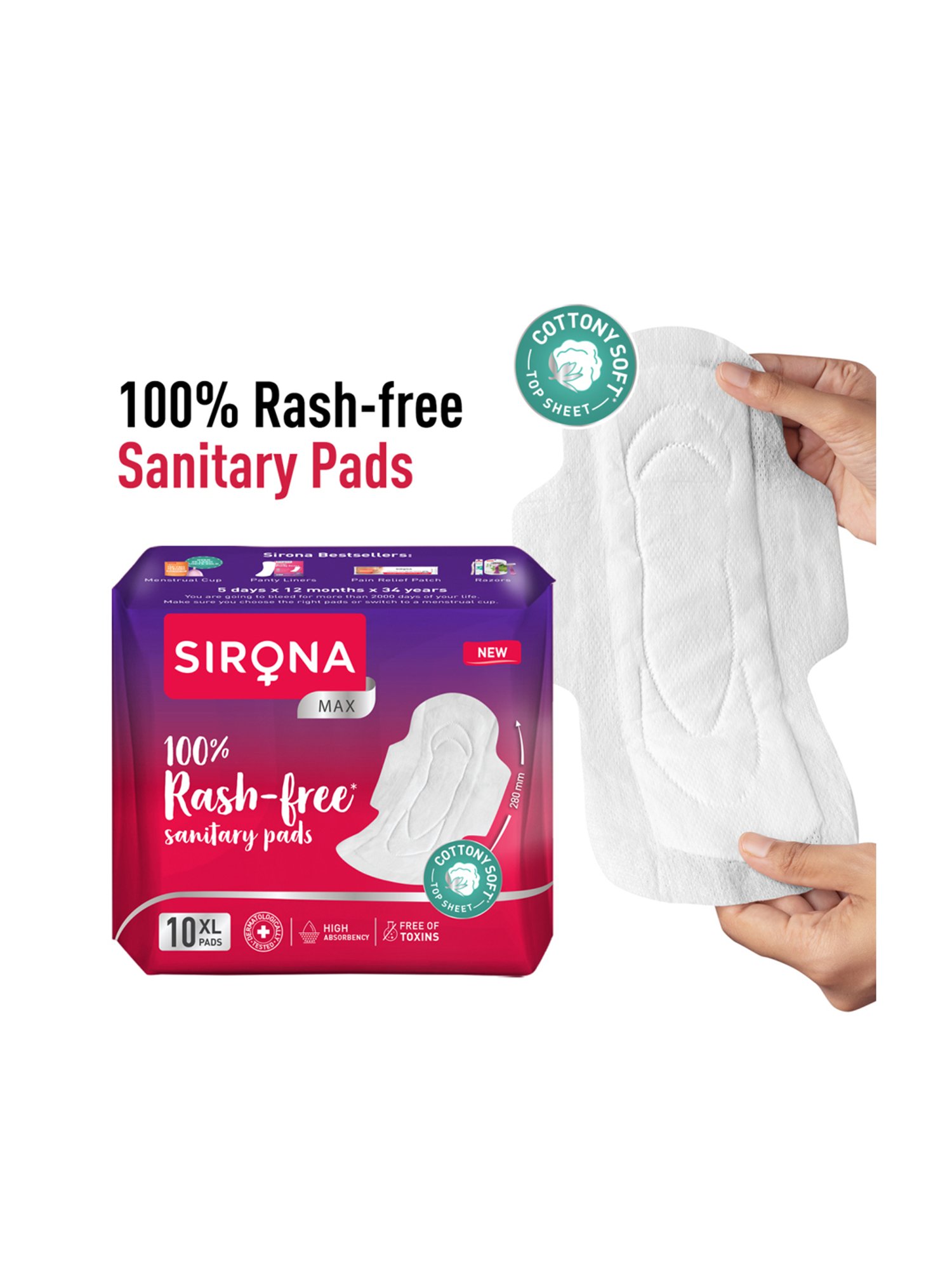 Sirona Cottony Soft Rash Free Sanitary Pads for Women Extra Large - Pack of 2