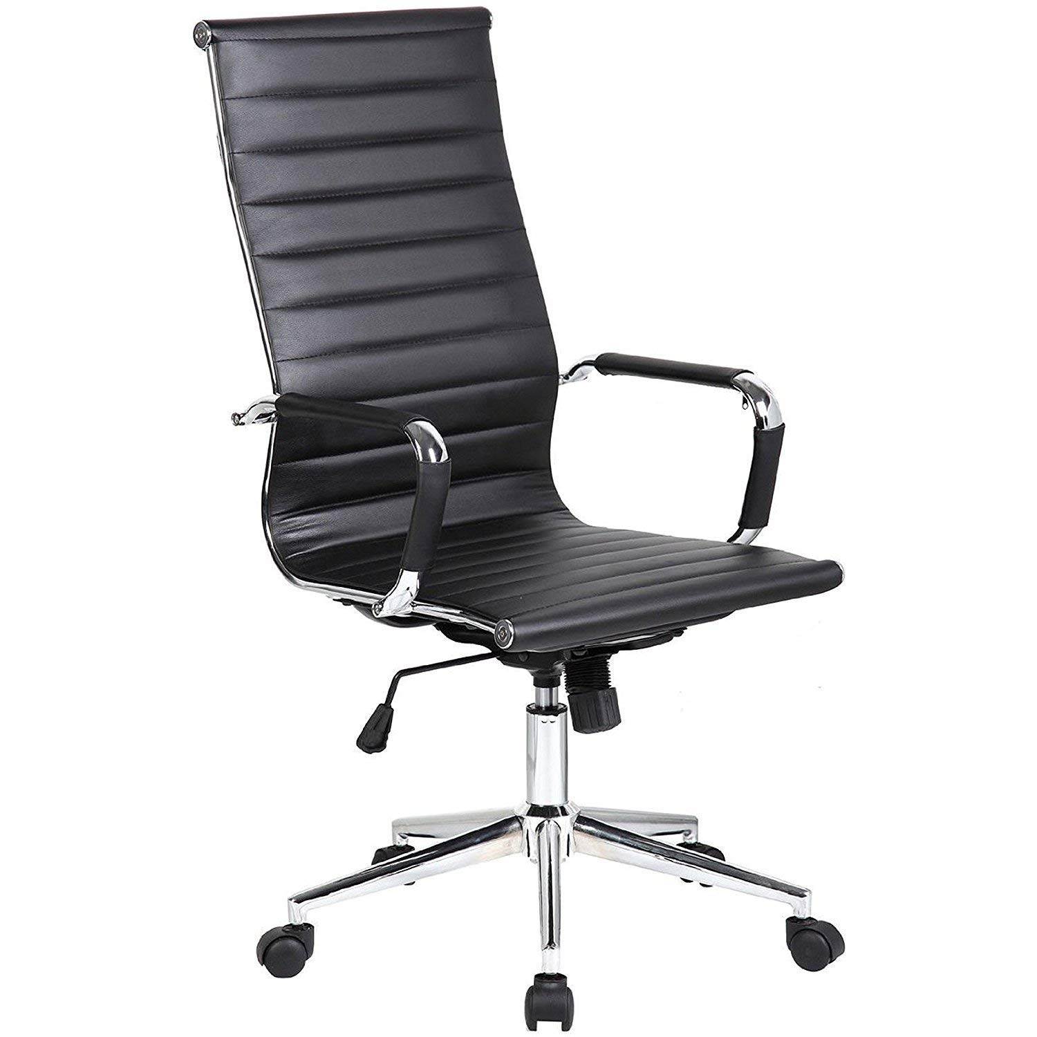 eMod Eames Executive for Conference Room Office Chair in PU Leather with Chromed Steel Frame, Adjustable Height, Locking Knee-Tilt Control Mechanism, Ribbed High Back for Tall People - BLACK COLOR