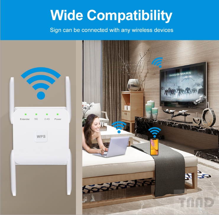 WiFi Range Extender, 1200Mbps Wireless Signal Repeater Booster, Dual Band 2.4G and 5G Expander, 4 Antennas 360&deg; Full Coverage, US  plug