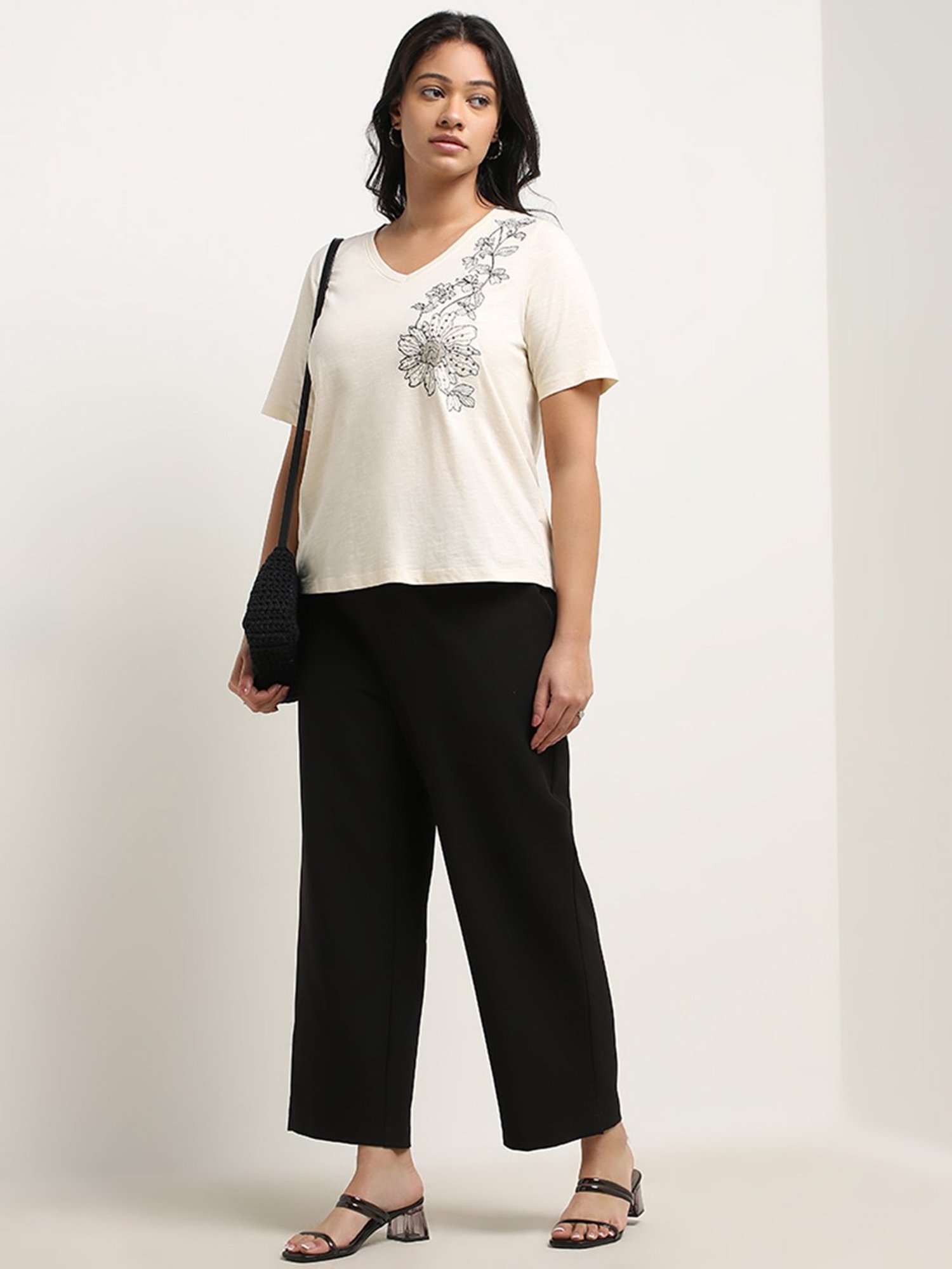 Gia by Westside Cream Floral Embroidered Cotton T-Shirt