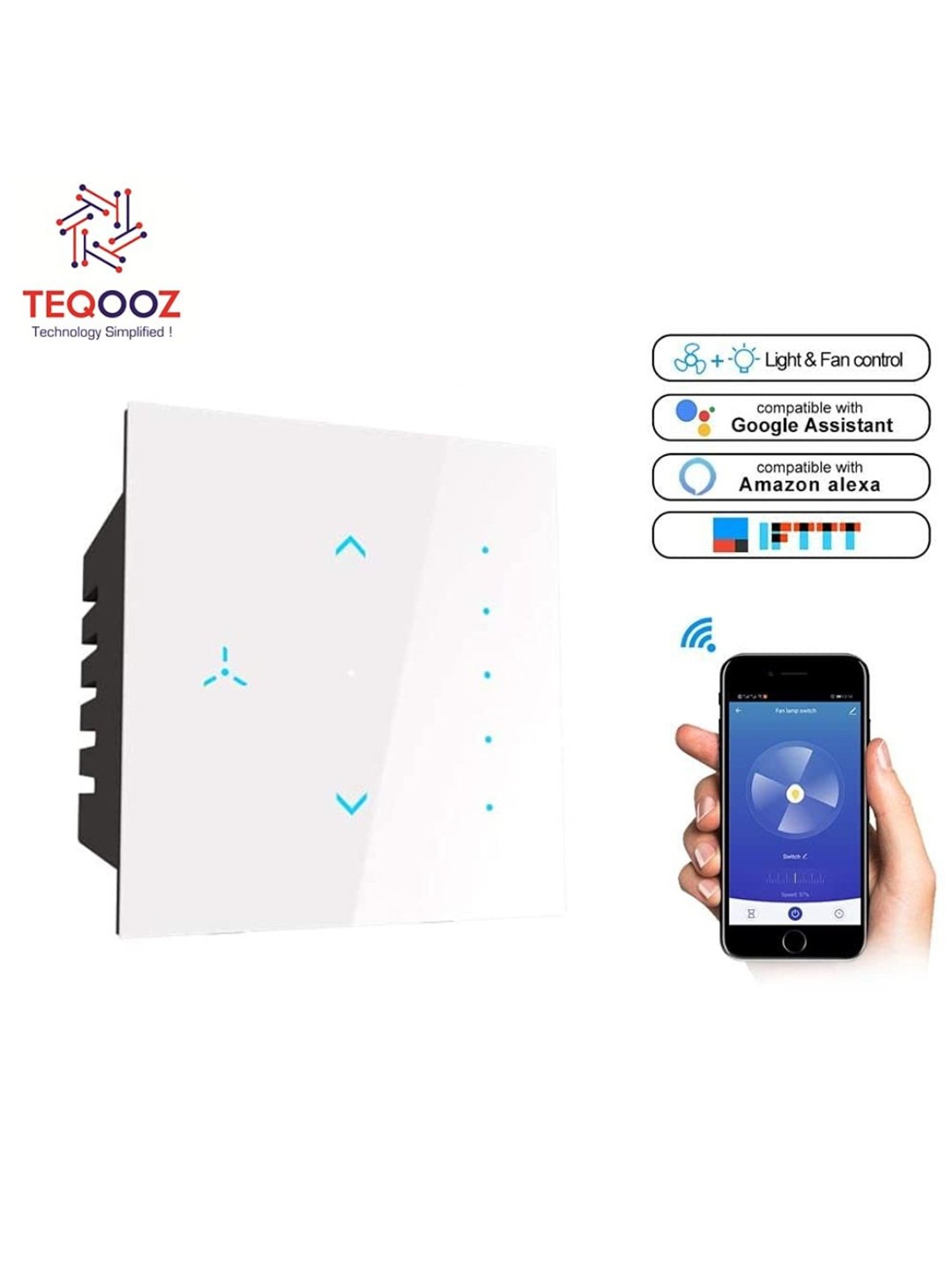 Teqooz Smart Fan Regulator Wi-Fi plus Bluetooth Touch Switch (White)