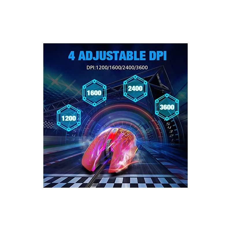 RGB Gaming Mouse Ergonomic USB Wired Optical Mouse Mice with 7 Colors LED Backlight 4 DPI Settings Up to 3600 DPI 6 Programmed Buttons for Laptop PC Computer Games amp Work Red
