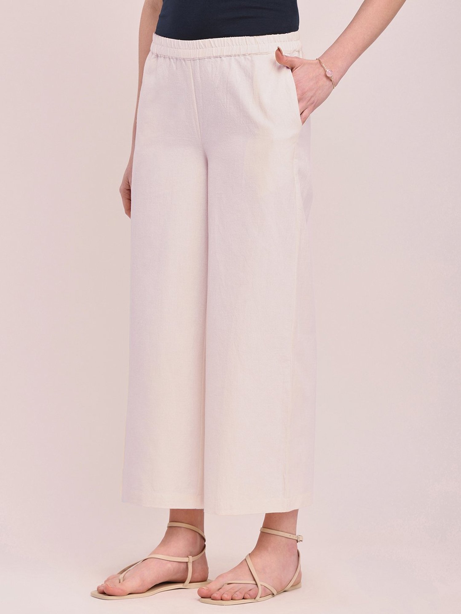 Pink Fort Off-White Cotton Relaxed Fit Palazzos