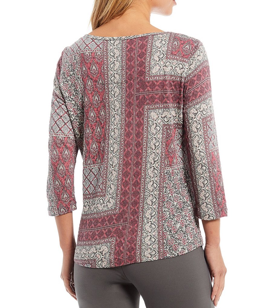 Multiples Petite Size Patchwork Print Wide Neck 3/4 Sleeve Textured Knit Top