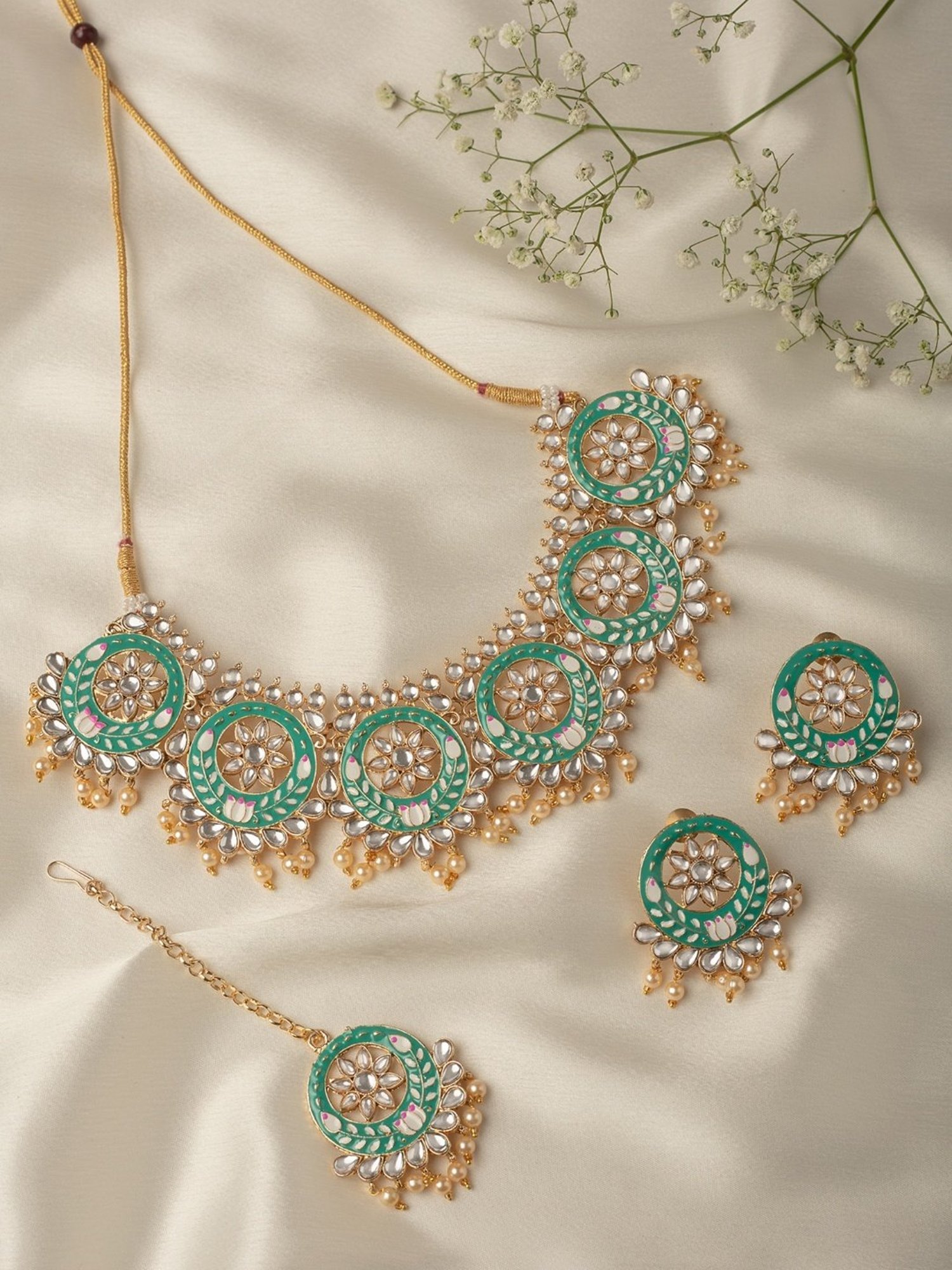 Zaveri Pearls Pastel Green Pink Meenakari Lotus Kundan Necklace Earring & Maangtikka Set-ZPFK10132