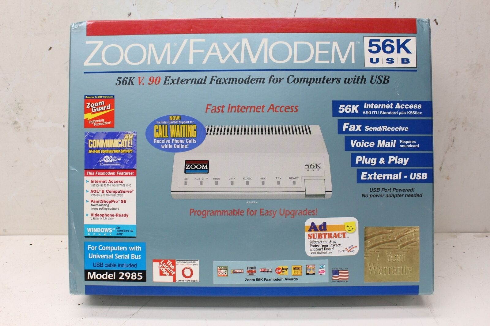 Zoom FaxModem Model 2985 56k USB, New In Box