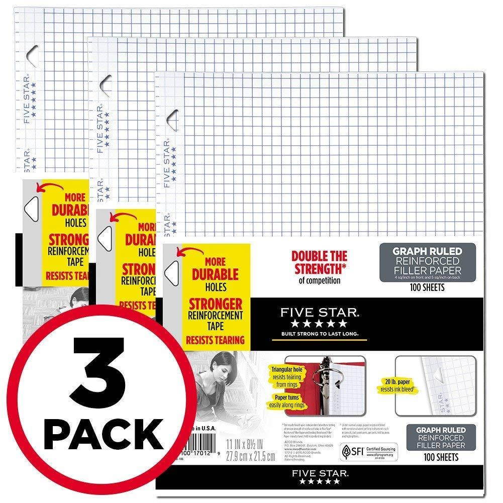 Five Star Loose Leaf Paper, 3 Hole Punched, Reinforced Filler Paper, Graph Ruled, 11" x 8-1/2", 100 Sheets/Pack, 3 Pack (38034)