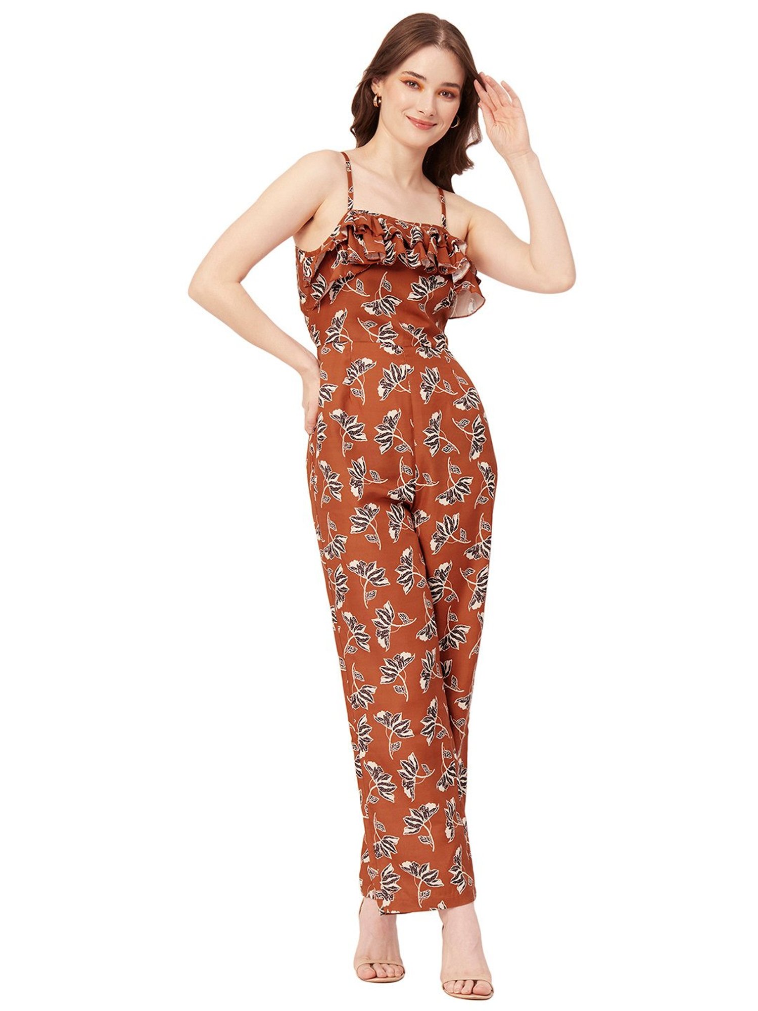 Moomaya Rust Floral Print Jumpsuit