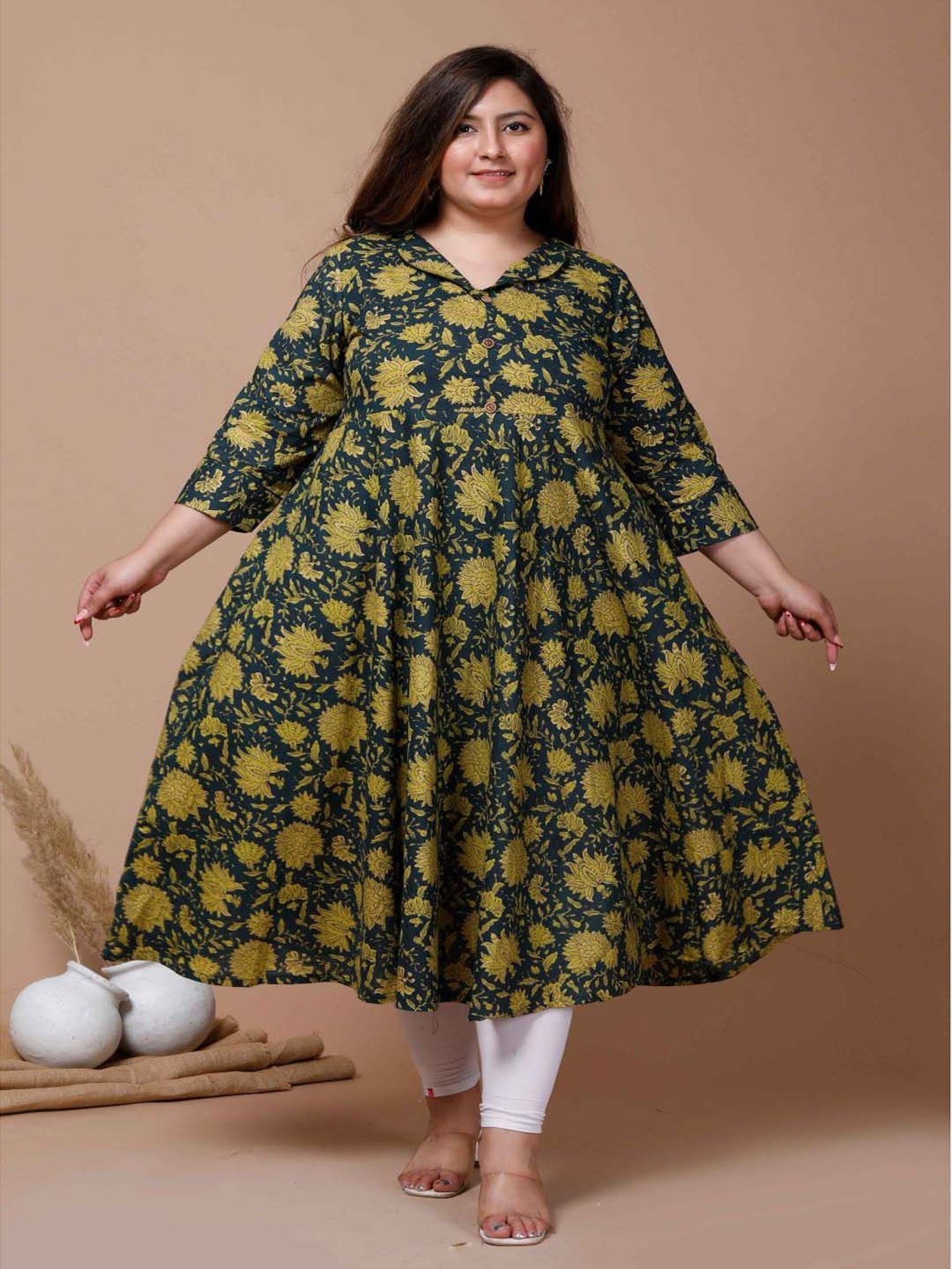 Miravan Green Cotton Printed Anarkali Kurta