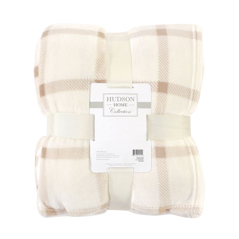 Hudson Home Collection Home Silky Plush Blanket, Tan Plaid Fleece, 60X80 In. (Oversize Throw)