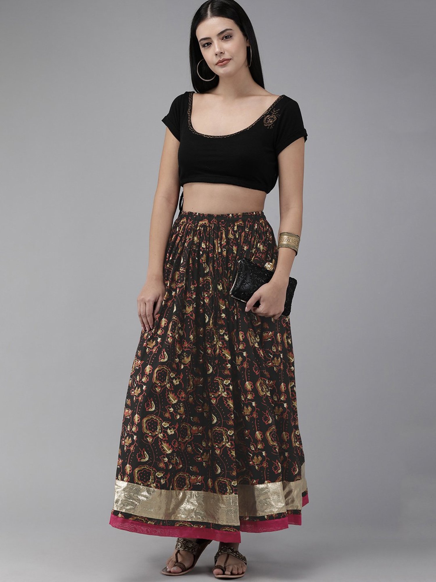 Geroo Jaipur Black Hand Block Printed Skirt With Magzi Border
