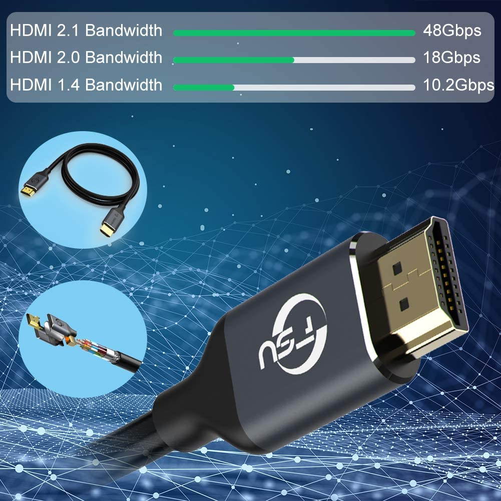 8K HDMI 2.1 Cable, 3.3FT/1M 48Gbps High Speed HDMI Cord, 8K@60Hz Ultra HD, 4K@120Hz, 144Hz eARC HDR10 4:4:4 HDCP 2.2&2.3, Compatible Laptop/Projector/Monitor/Fire TV Playstation 5/PS4