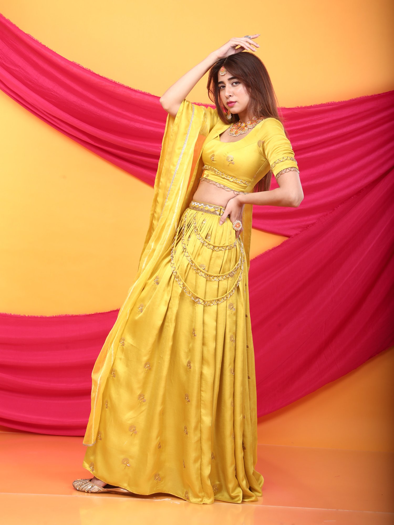 Monk & Mei Gulkari Lehenga Blouse Set-Canary Yellow