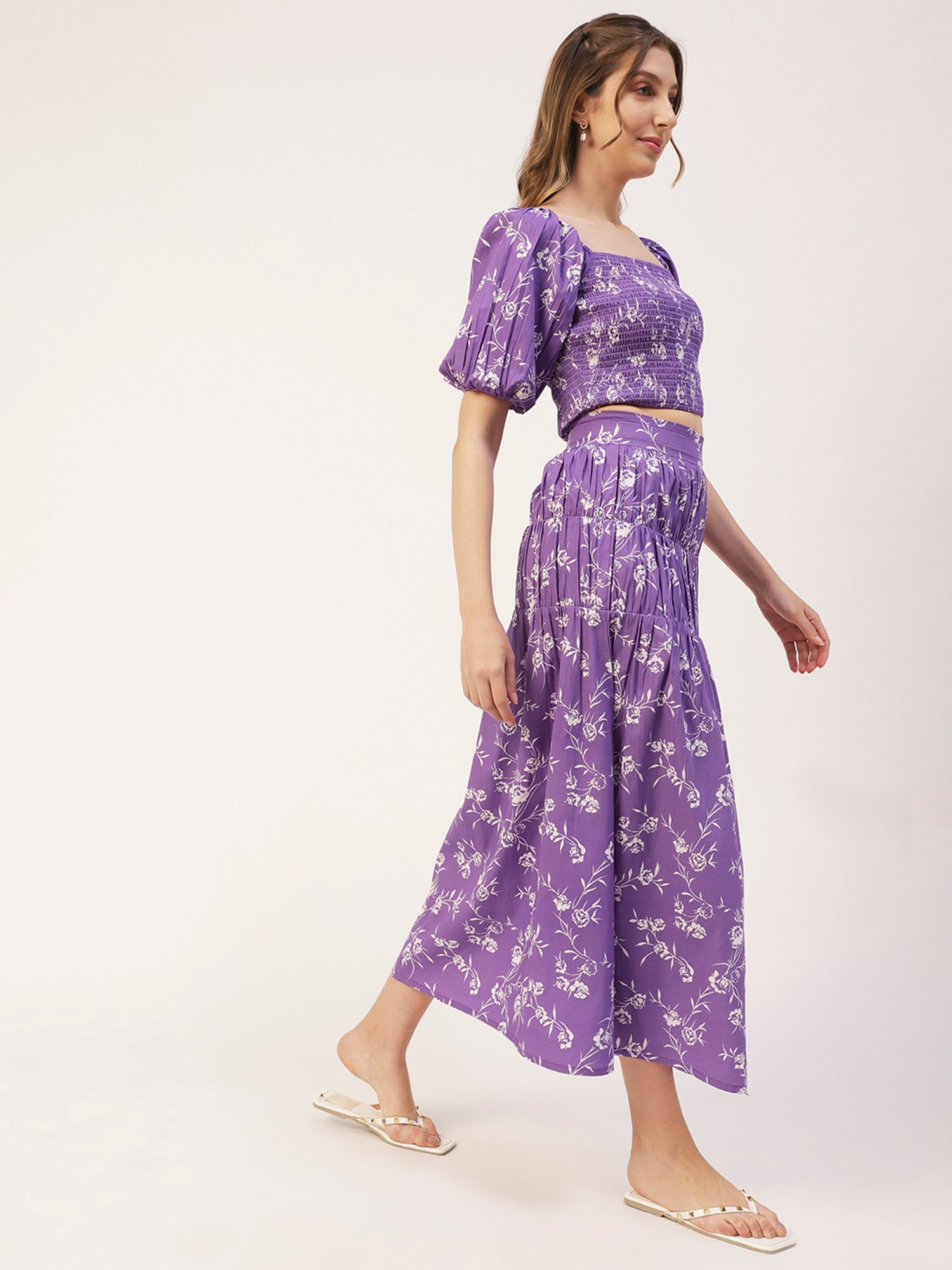 Moomaya Violet & White Floral Print Crop Top With Skirt