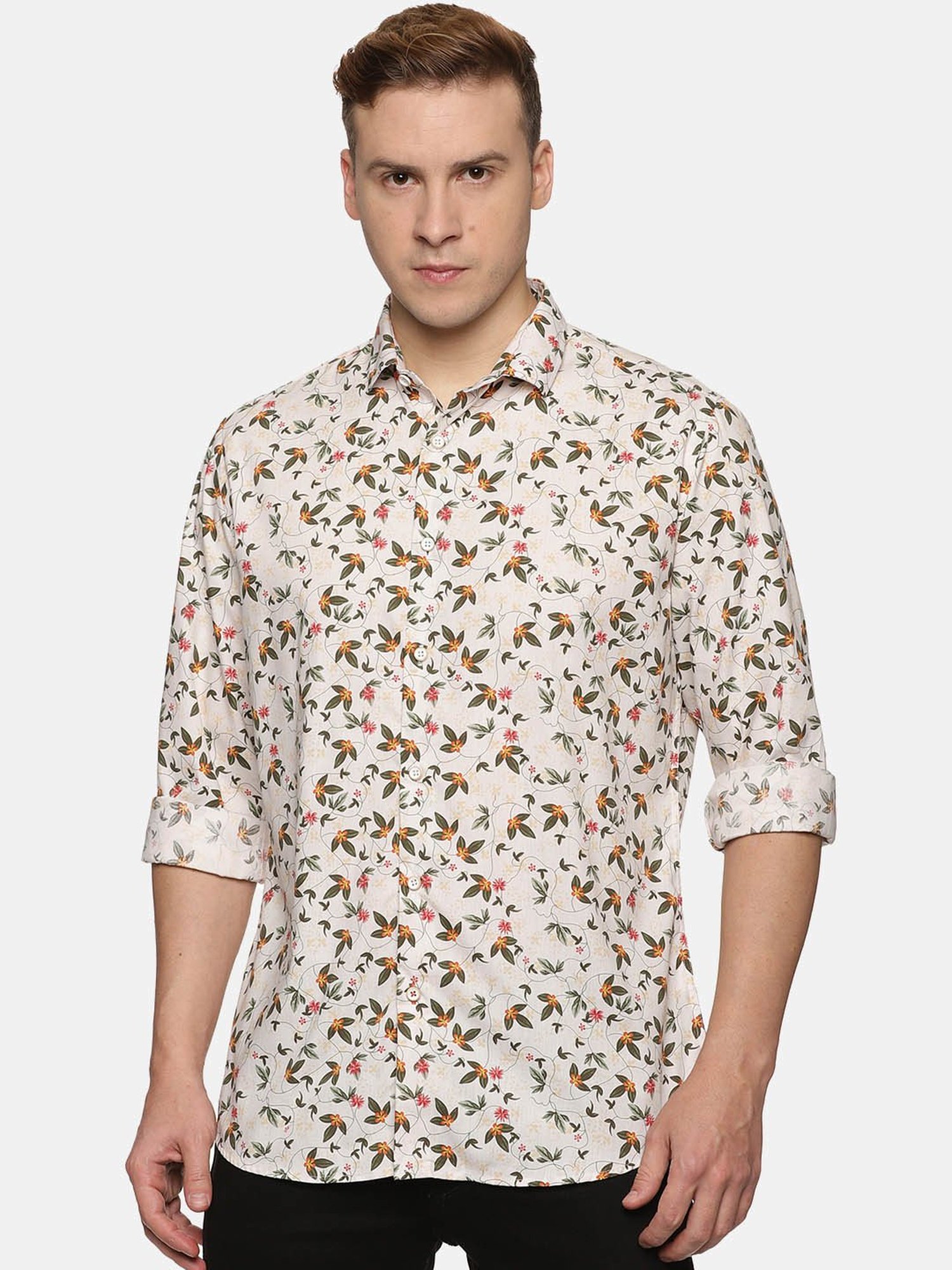 Don Vino Cream Slim Fit Printed Shirt