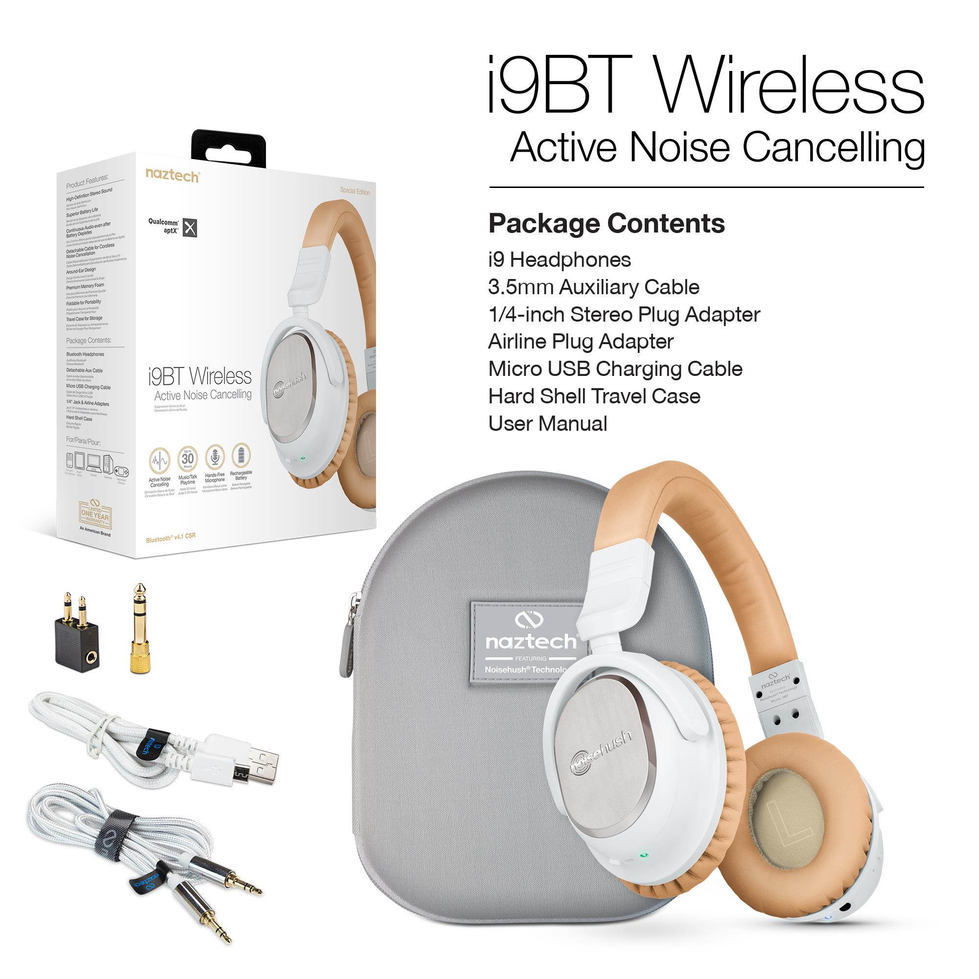 Naztech i9BT Over-Ear Active Noise Cancelling Headphones, aptX Bluetooth 4.1 Technology for HD Quality Stereo Sound, Low Latency, Enhanced Bass, In-line Mic.