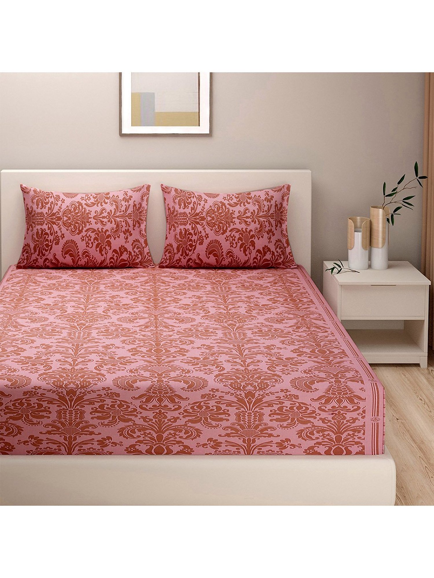 Swayam Vedic Motif Red & Pink 180 TC Cotton King Bedsheet with 2 Pillow covers