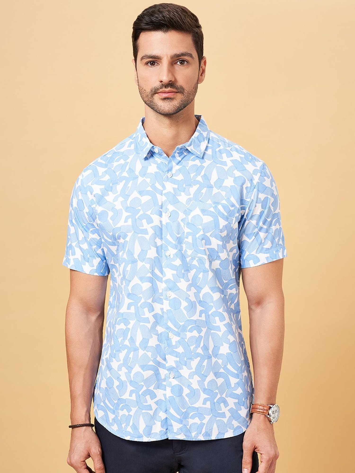 Spykar Blue Cotton Slim Fit Checks Shirt