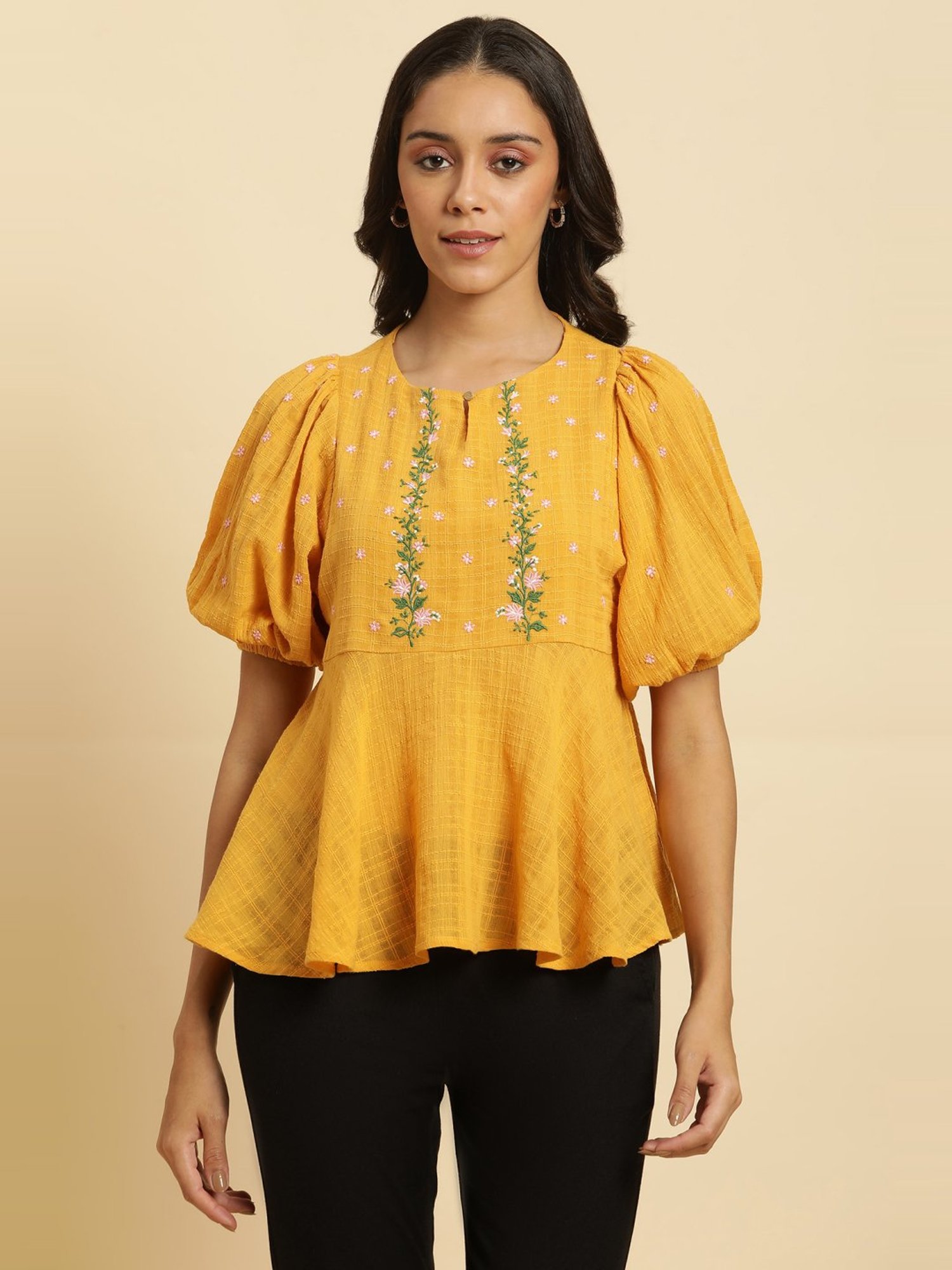 W Yellow Cotton Embroidered Top
