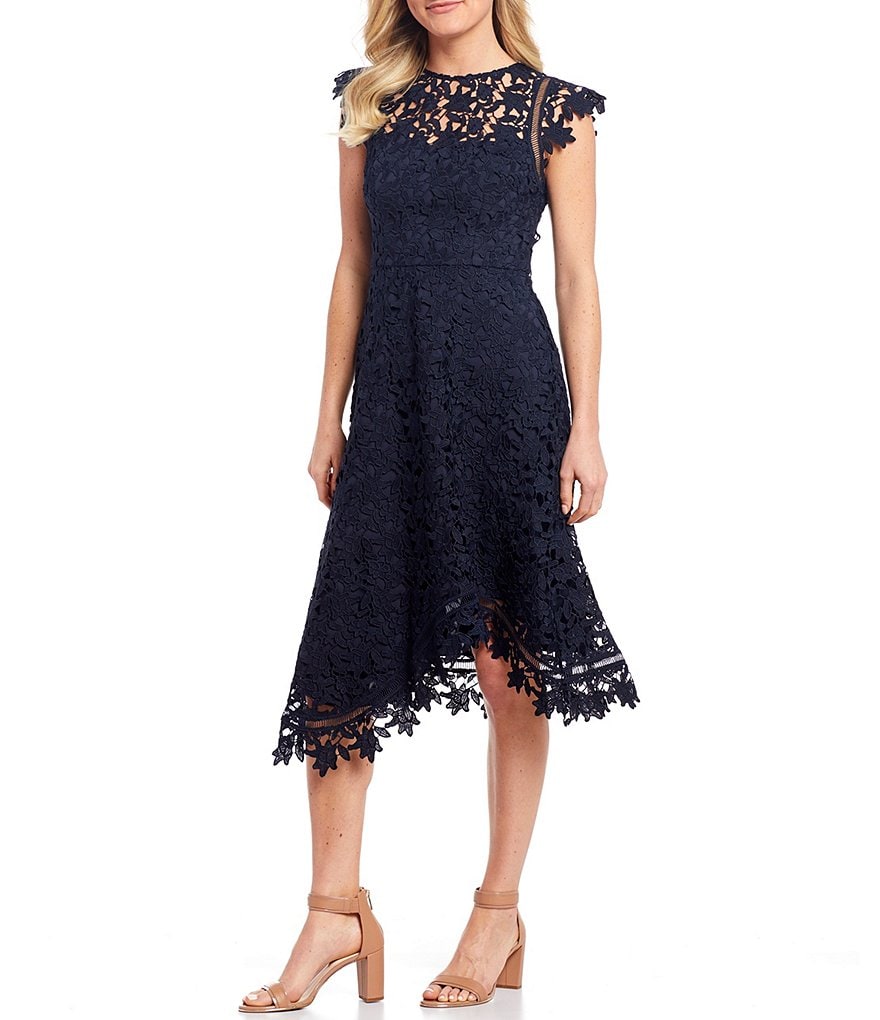Eliza J Asymetrical Lace Midi Dress