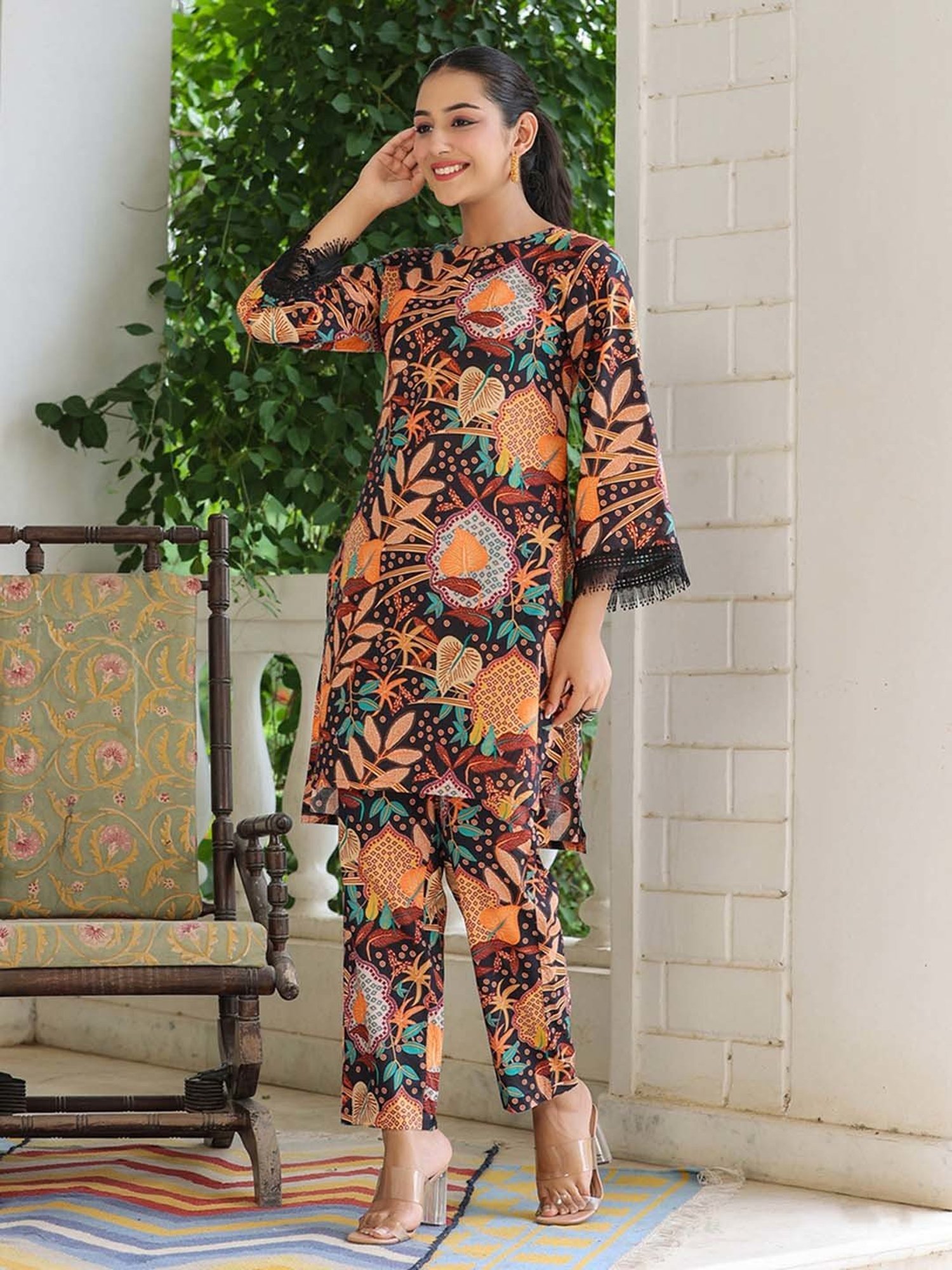 Rain and Rainbow Black Cotton Floral Print Kurta Pant Set