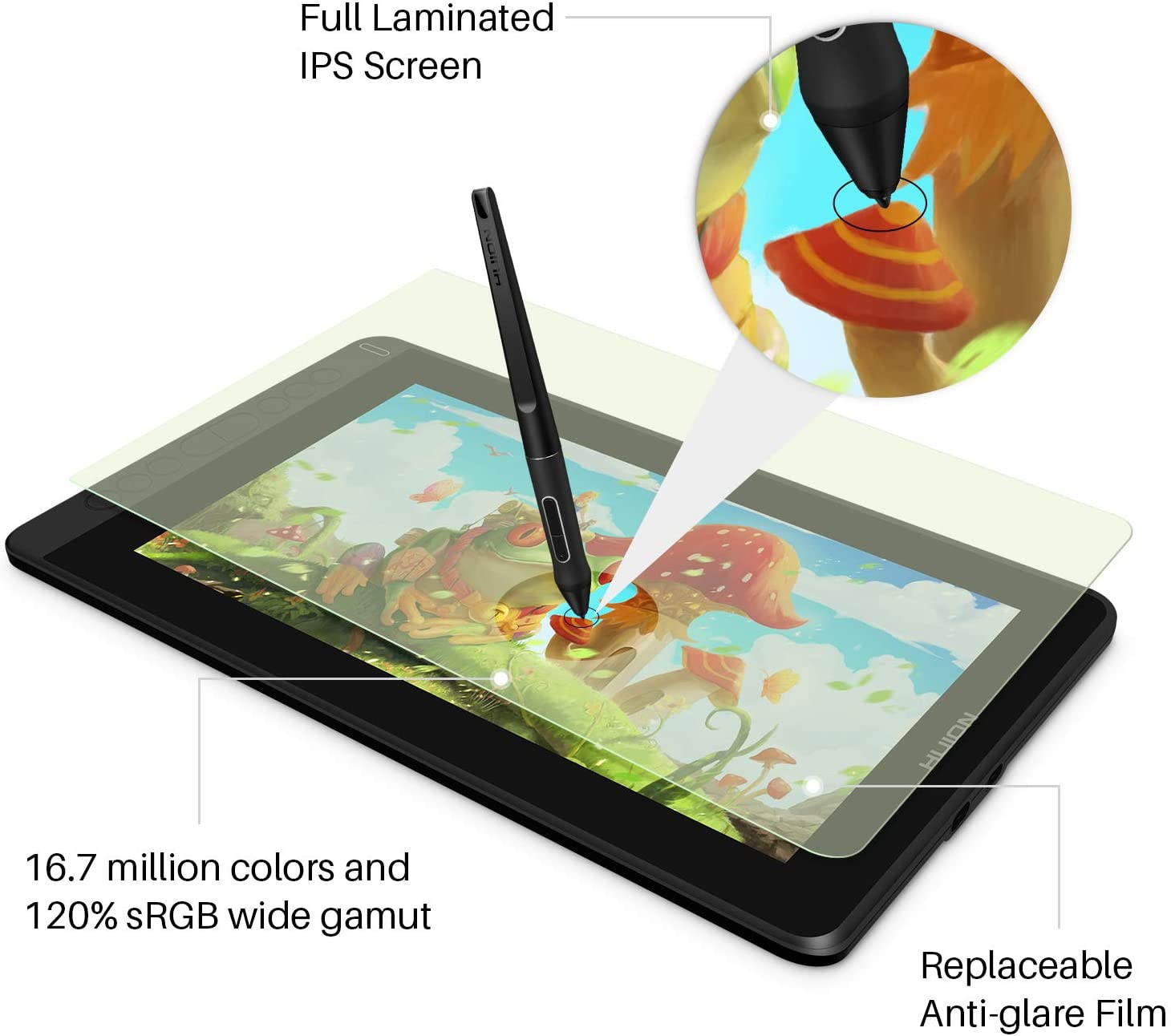 2021 HUION KAMVAS 12 Full Laminated Graphics Drawing Tablet with Screen Android Support Battery-Free Stylus Tilt 20 Pen Nibs, Black