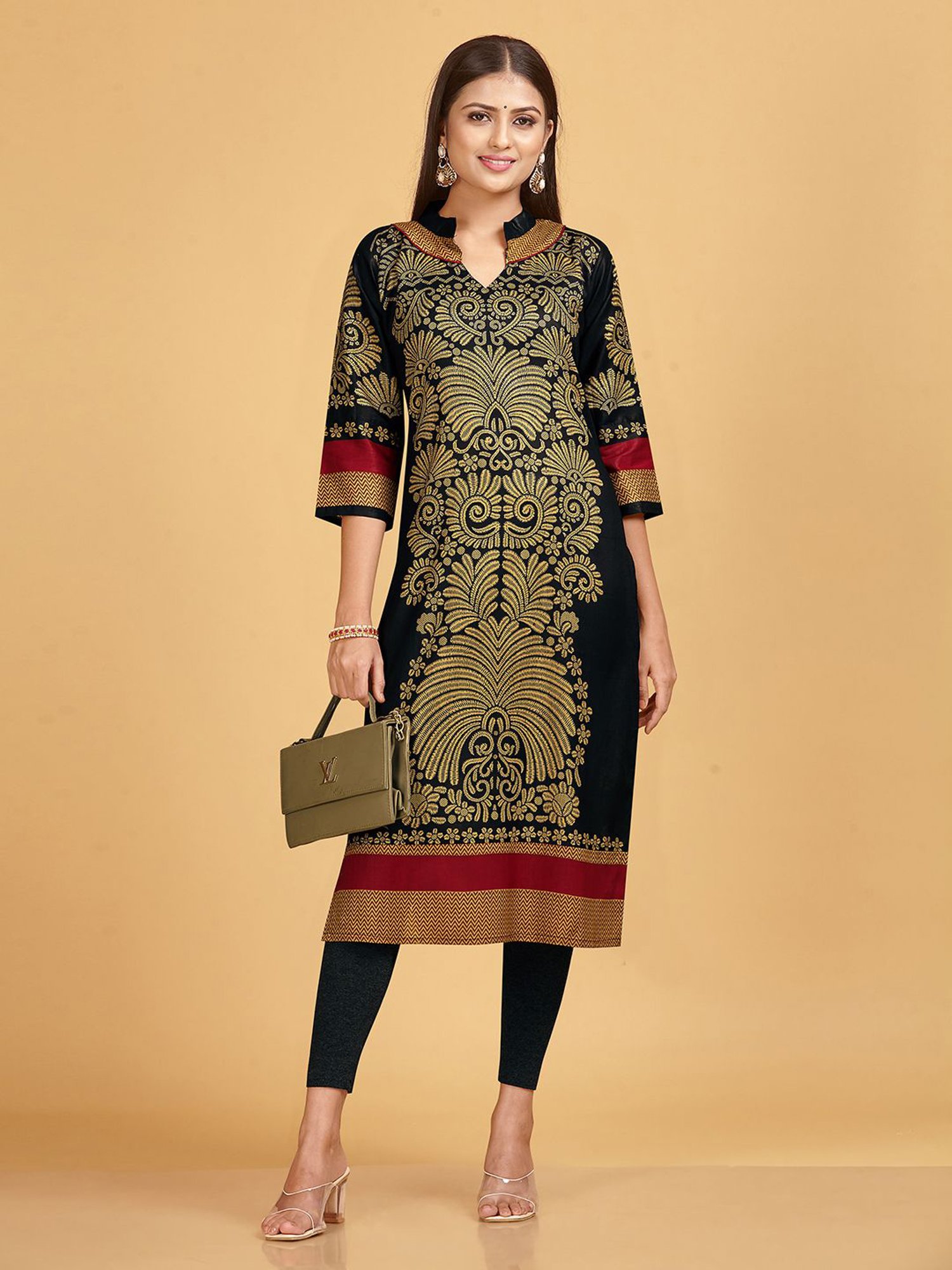 SHANVIKA Black Printed Cotton Straight Kurta