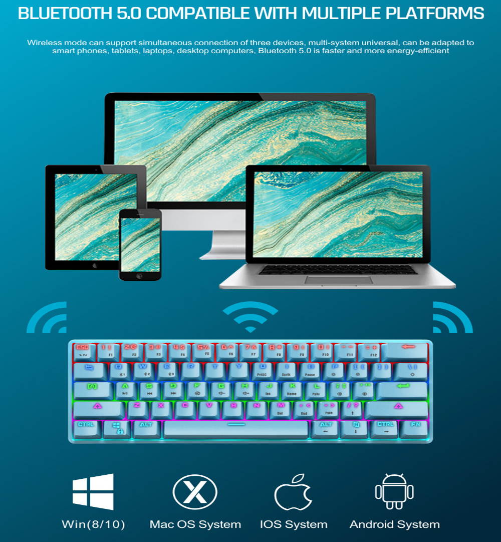 CUUWE K28 Wireless Bluetooth 61-Key Dual-Mode RGB Backlit Waterproof Mechanical Gaming Keyboard - Office Keyboard -Gaming Keyboard