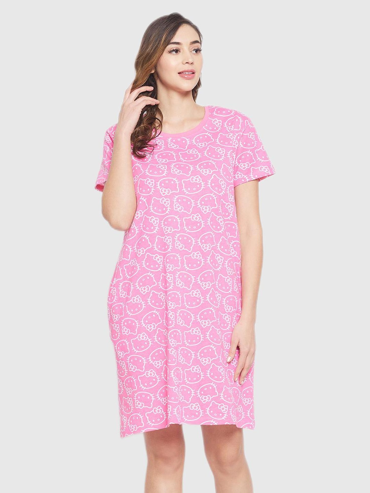 Clovia Pink Graphic Print Night Dress