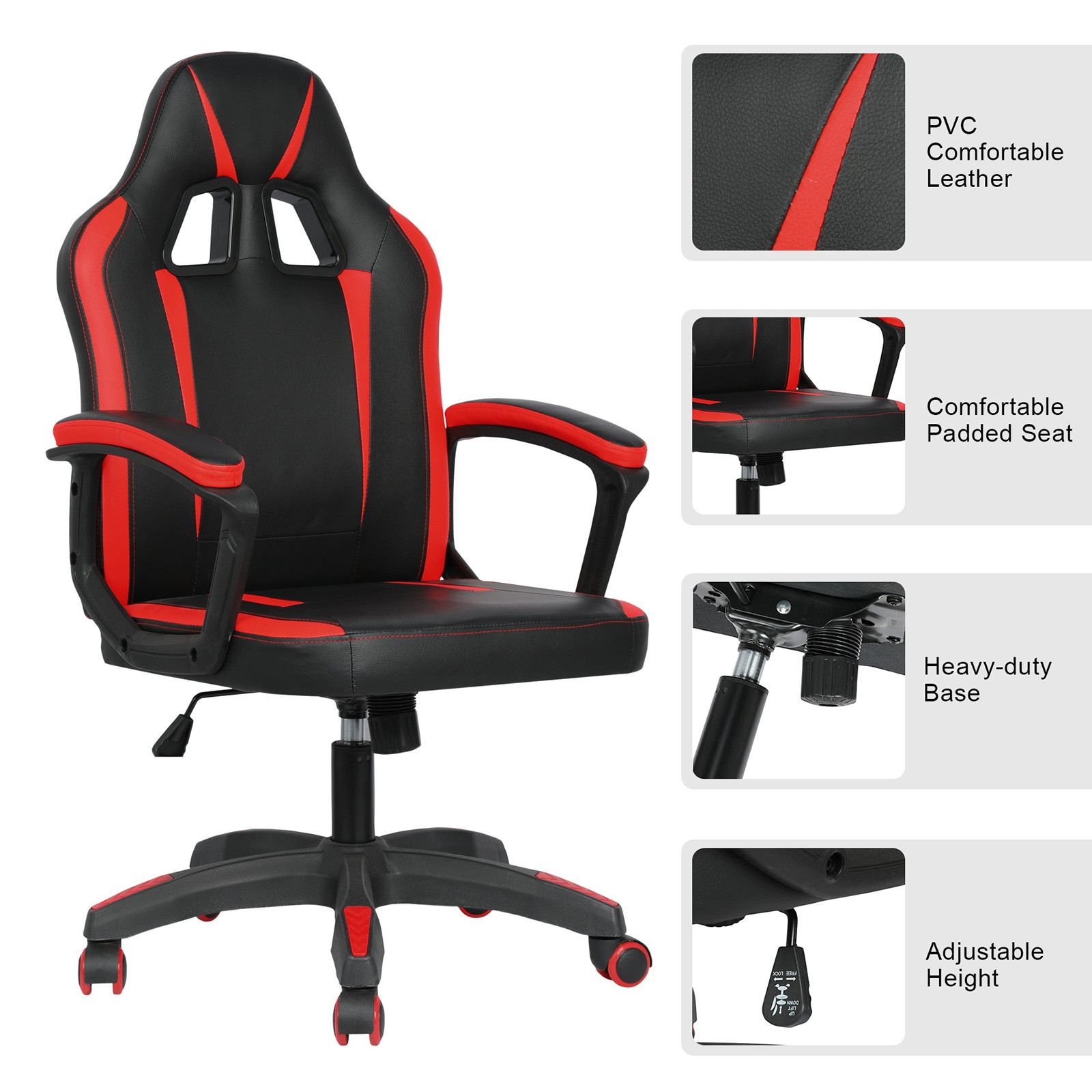 YOUTHUP Office Chair Adjustable Ergonomic Leather Gaming Chair Swivel Rolling Computer Desk Chair with Lumbar Support,Black and Red