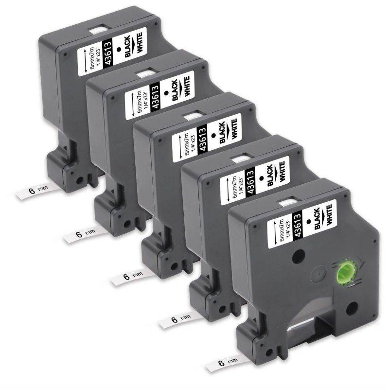 Compatible DYMO Standard D1 43613 Labeling Tape, Black on White for LabelManager 160 280 420P PnP 220P 360D 210D 260P 450 450D 450DUO 500TS Label Makers, 1/4'' W x 23' L, 5-Pack